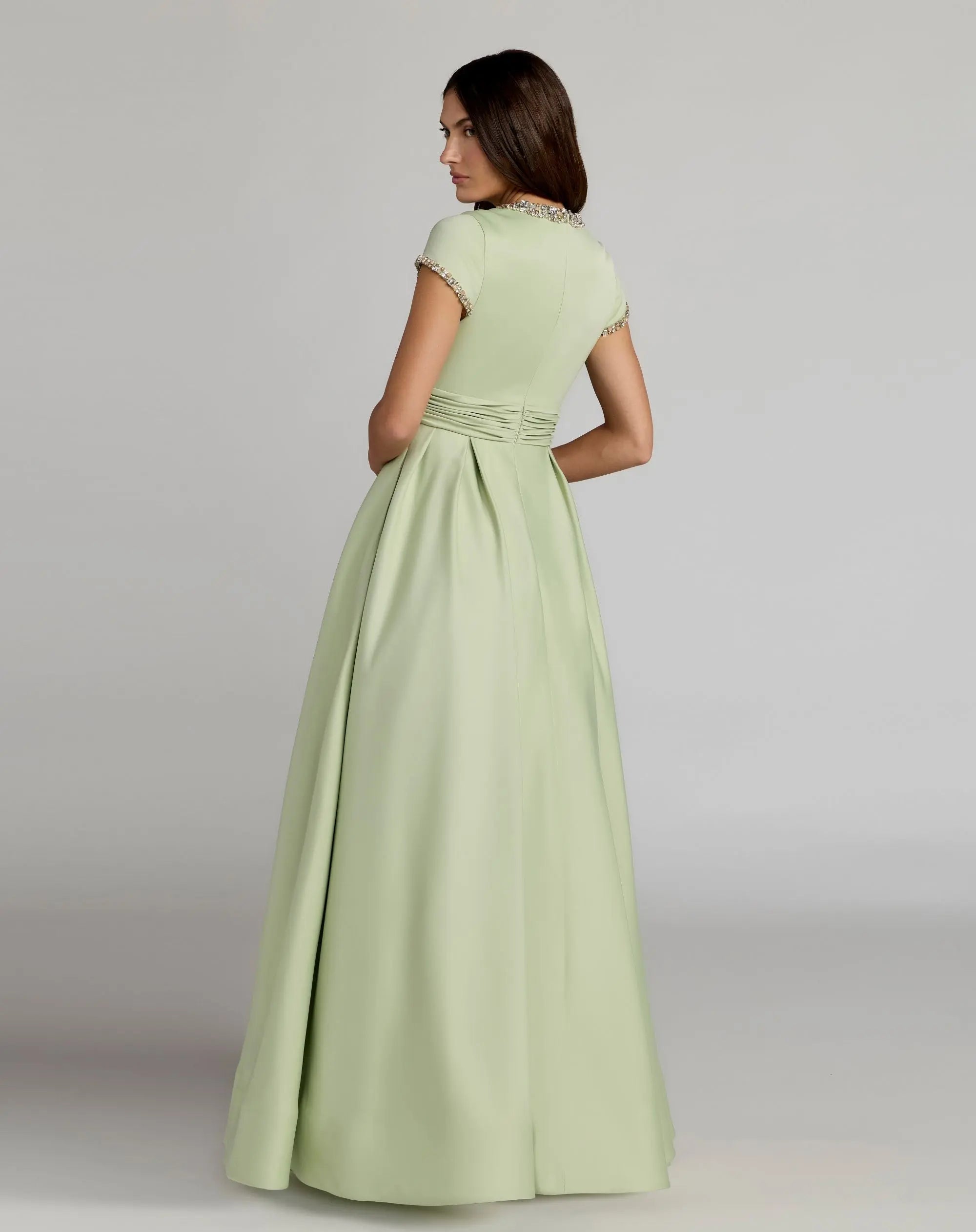Petite Green Embellished Satin Cap Sleeve Ball Gown - Ieena for Mac Duggal 