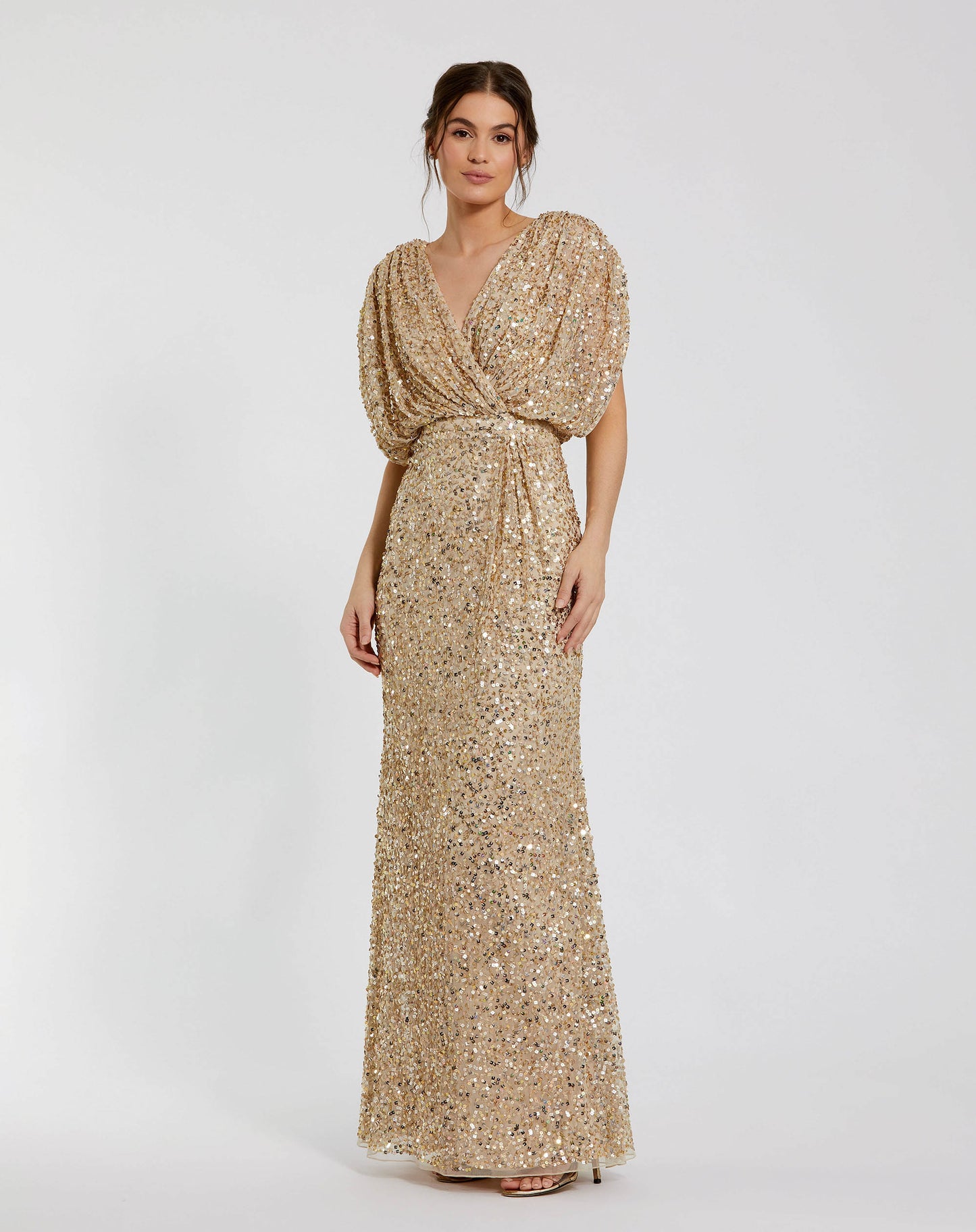 Petite Gold Draped Sleeve V Neck Gown - Mac Duggal