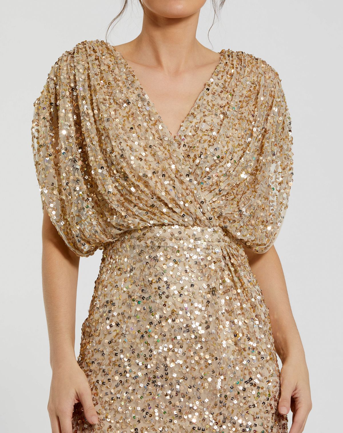 Petite Gold Draped Sleeve V Neck Gown - Mac Duggal