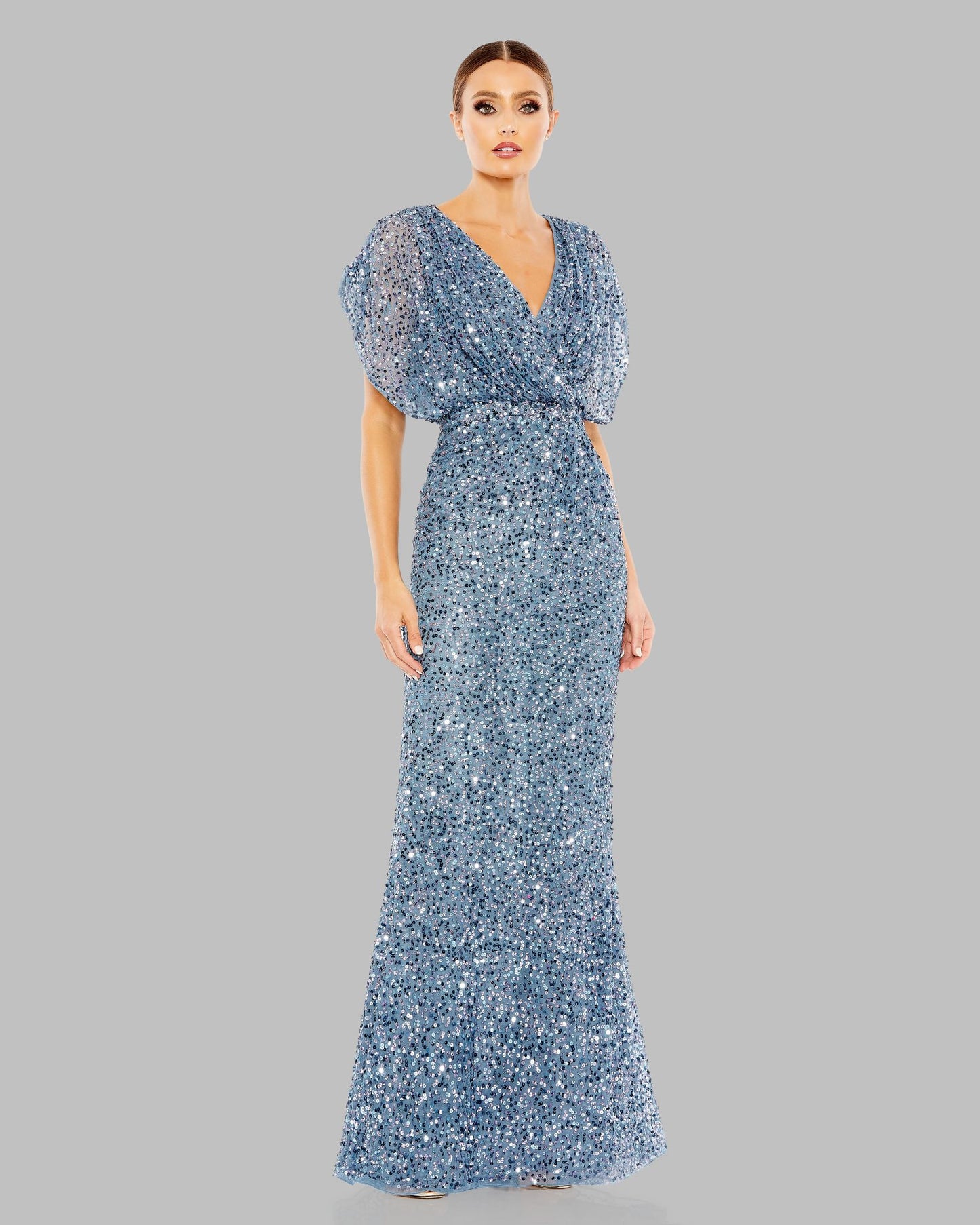 Petite Blue Sequin Draped Sleeve V-Neck Gown Mac Duggal