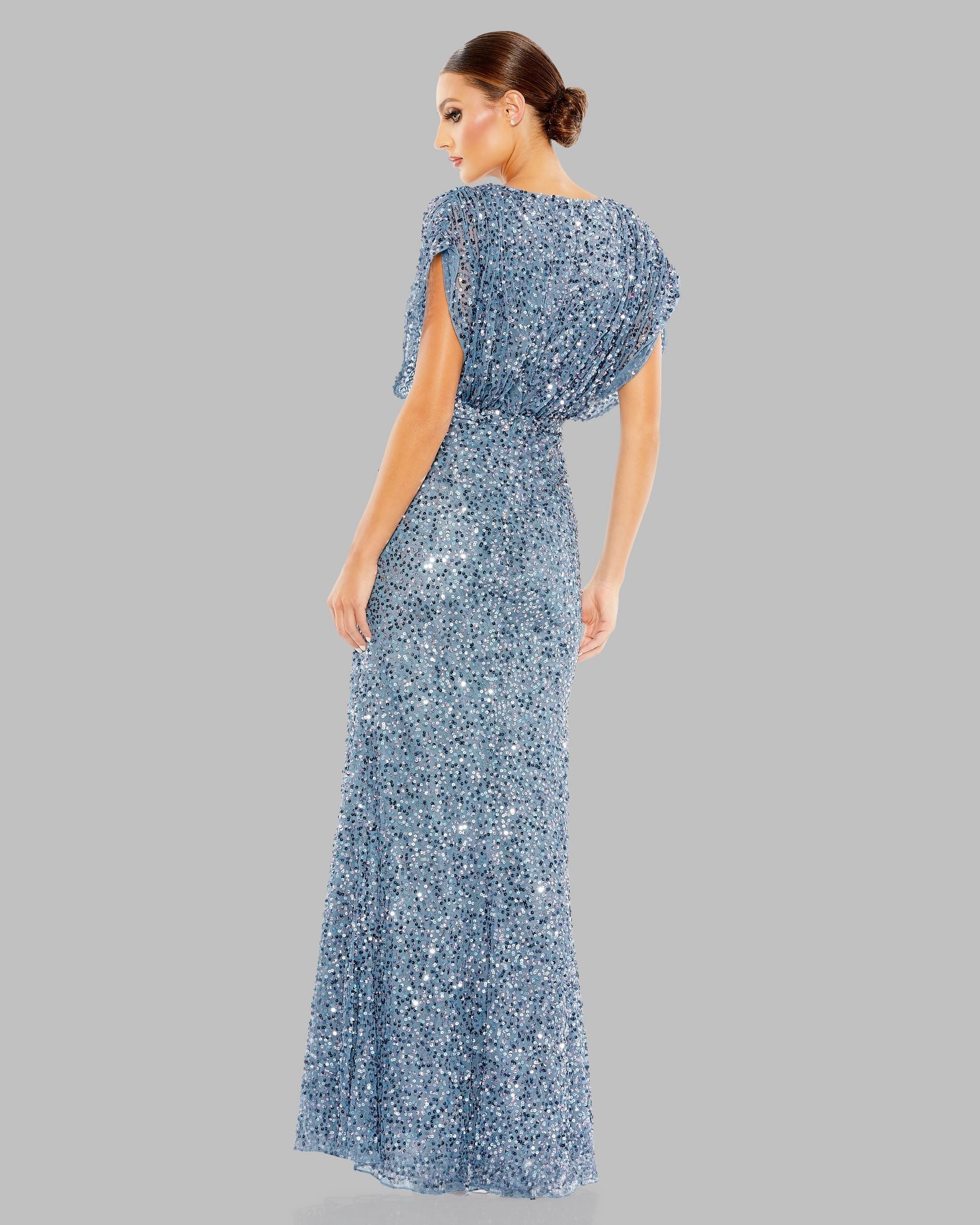Petite Blue Sequin Draped Sleeve V-Neck Gown Mac Duggal