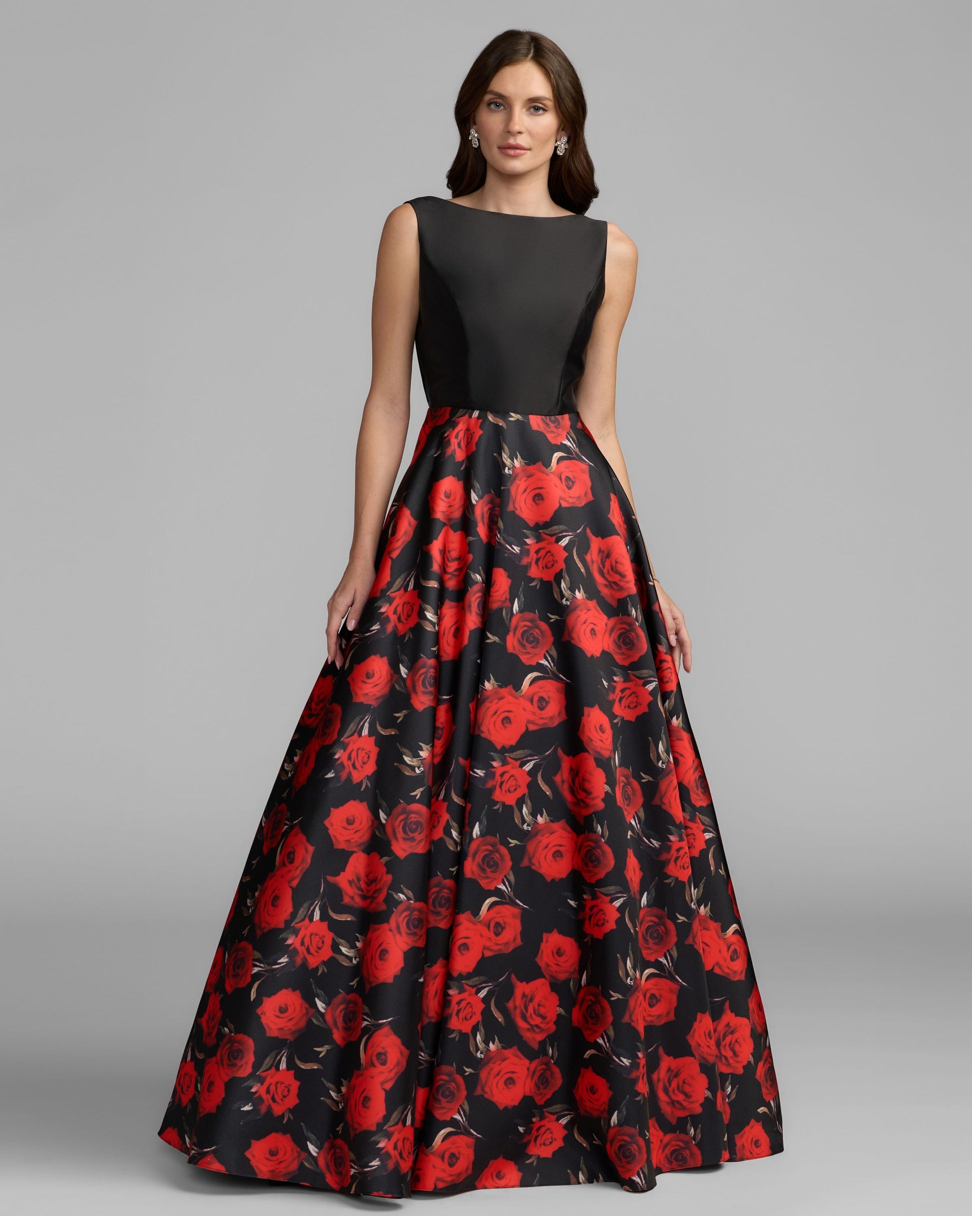 Petite Black And Red Floral Open Back Ball Gown Mac Duggal