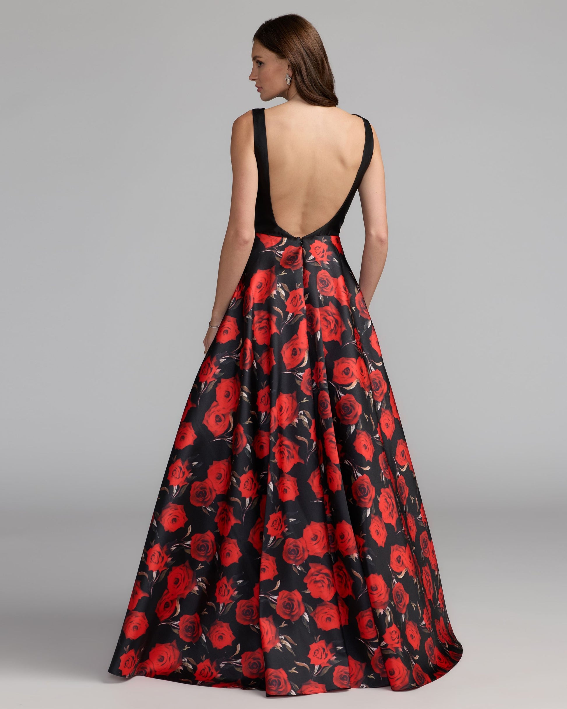 Petite Black And Red Floral Open Back Ball Gown Mac Duggal