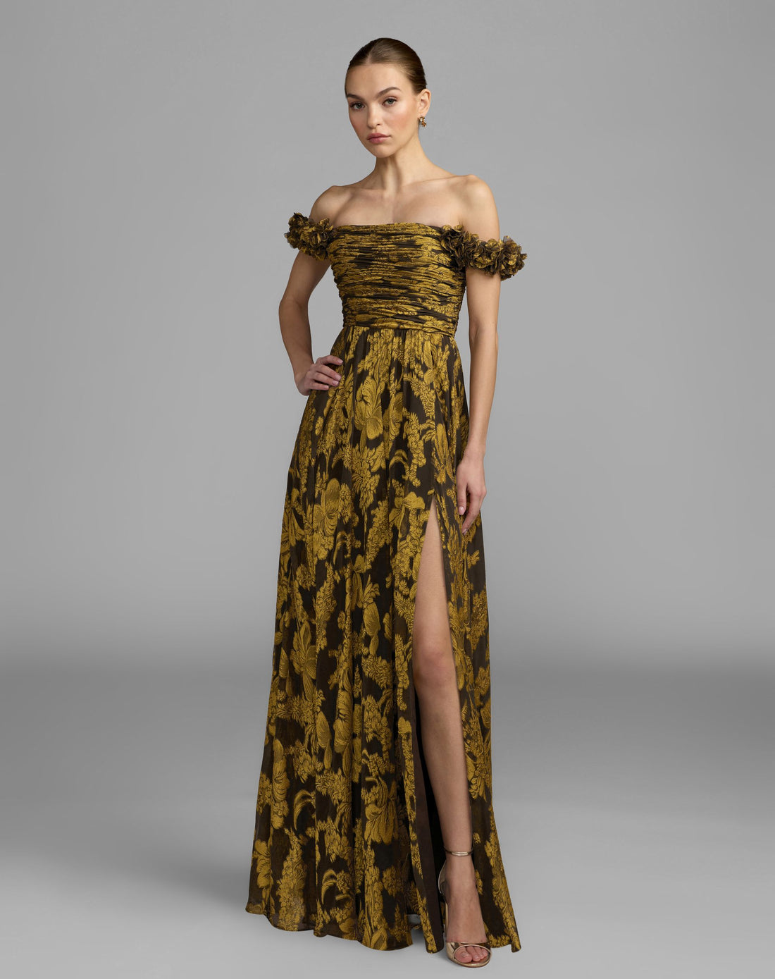 Yellow Multi Floral Off The Shoulder Chiffon Gown - Ieena for Mac Duggal