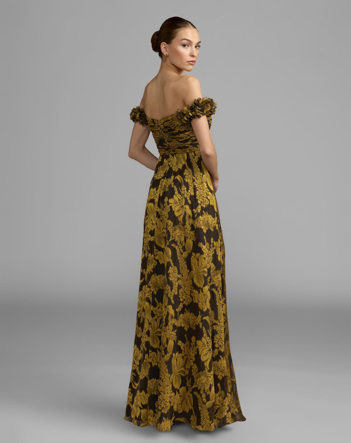 Yellow Multi Floral Off The Shoulder Chiffon Gown - Ieena for Mac Duggal