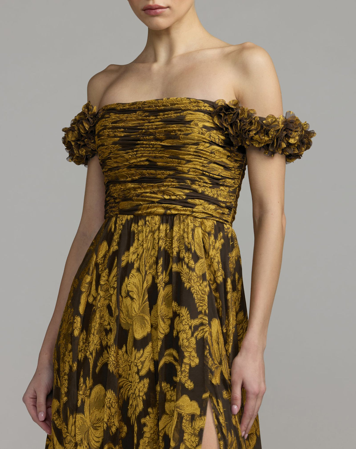 Yellow Multi Floral Off The Shoulder Chiffon Gown - Ieena for Mac Duggal