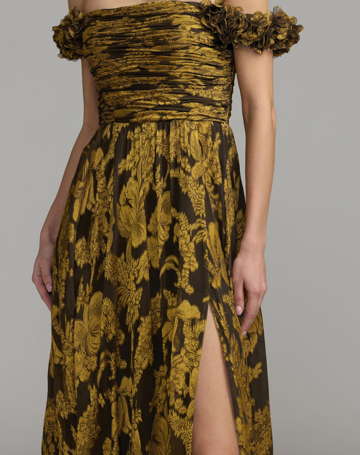 Yellow Multi Floral Off The Shoulder Chiffon Gown - Ieena for Mac Duggal