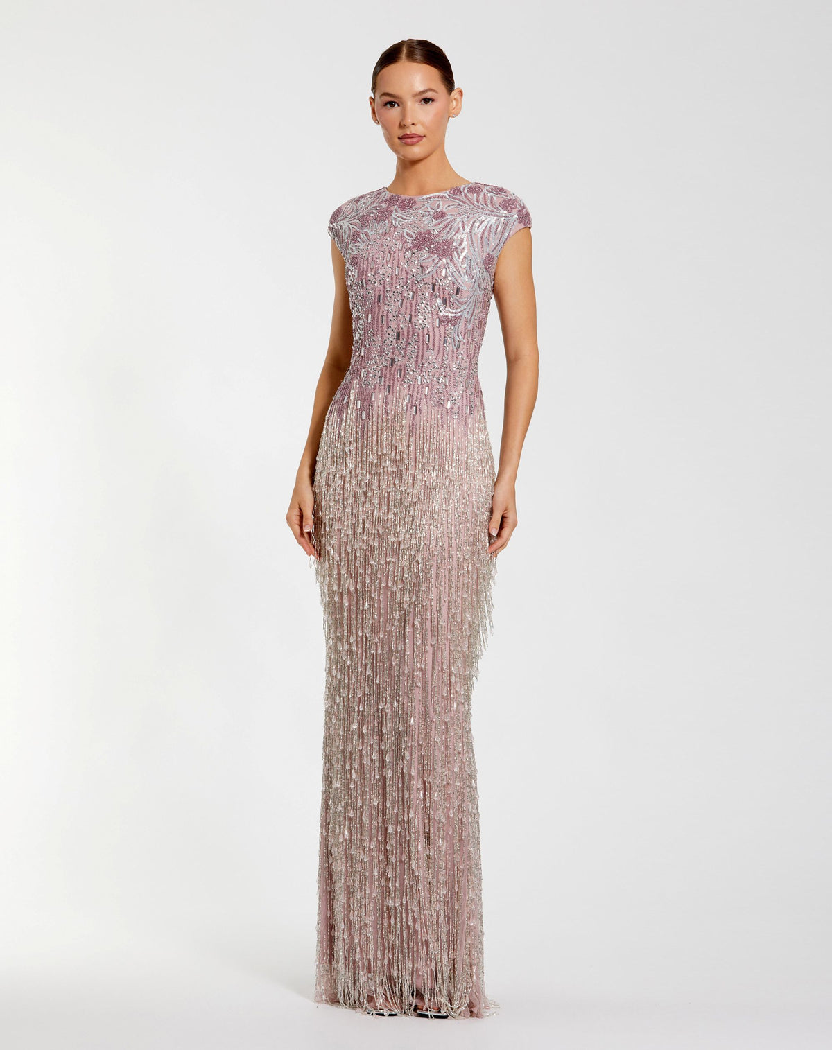 Petite Vintage Lilac Embellished Cap Sleeve Gown With Fringe Beading - Mac Duggal
