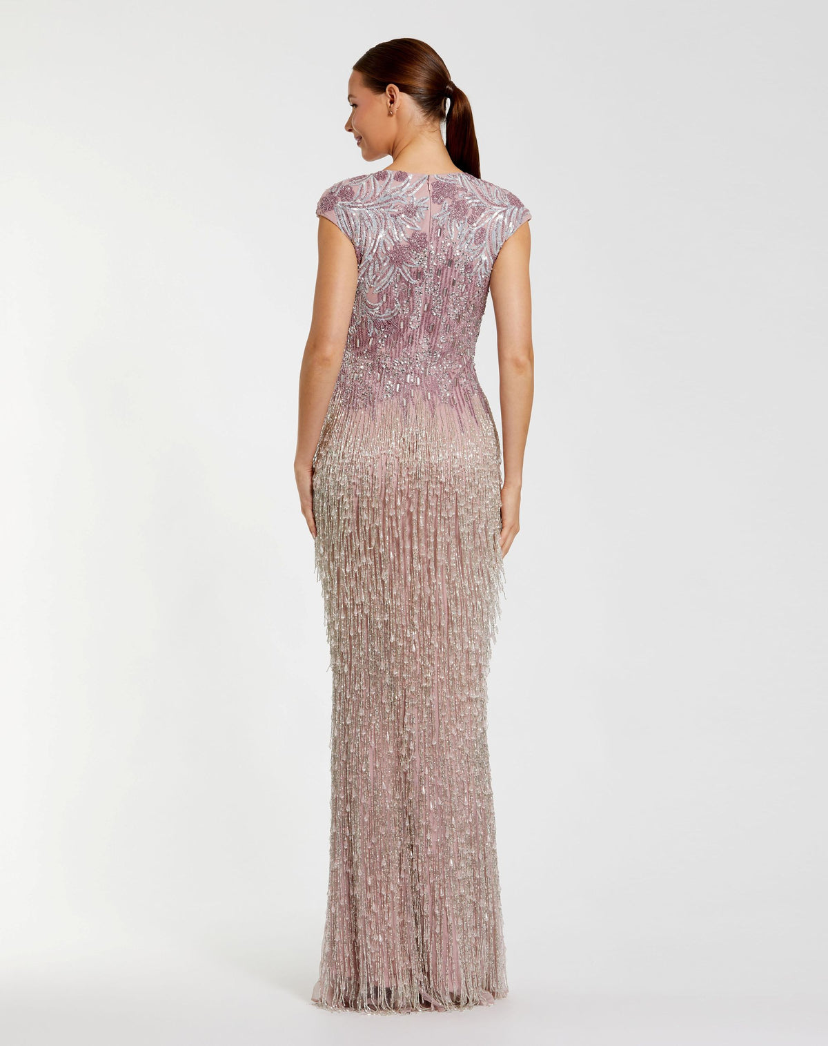 Petite Vintage Lilac Embellished Cap Sleeve Gown With Fringe Beading - Mac Duggal