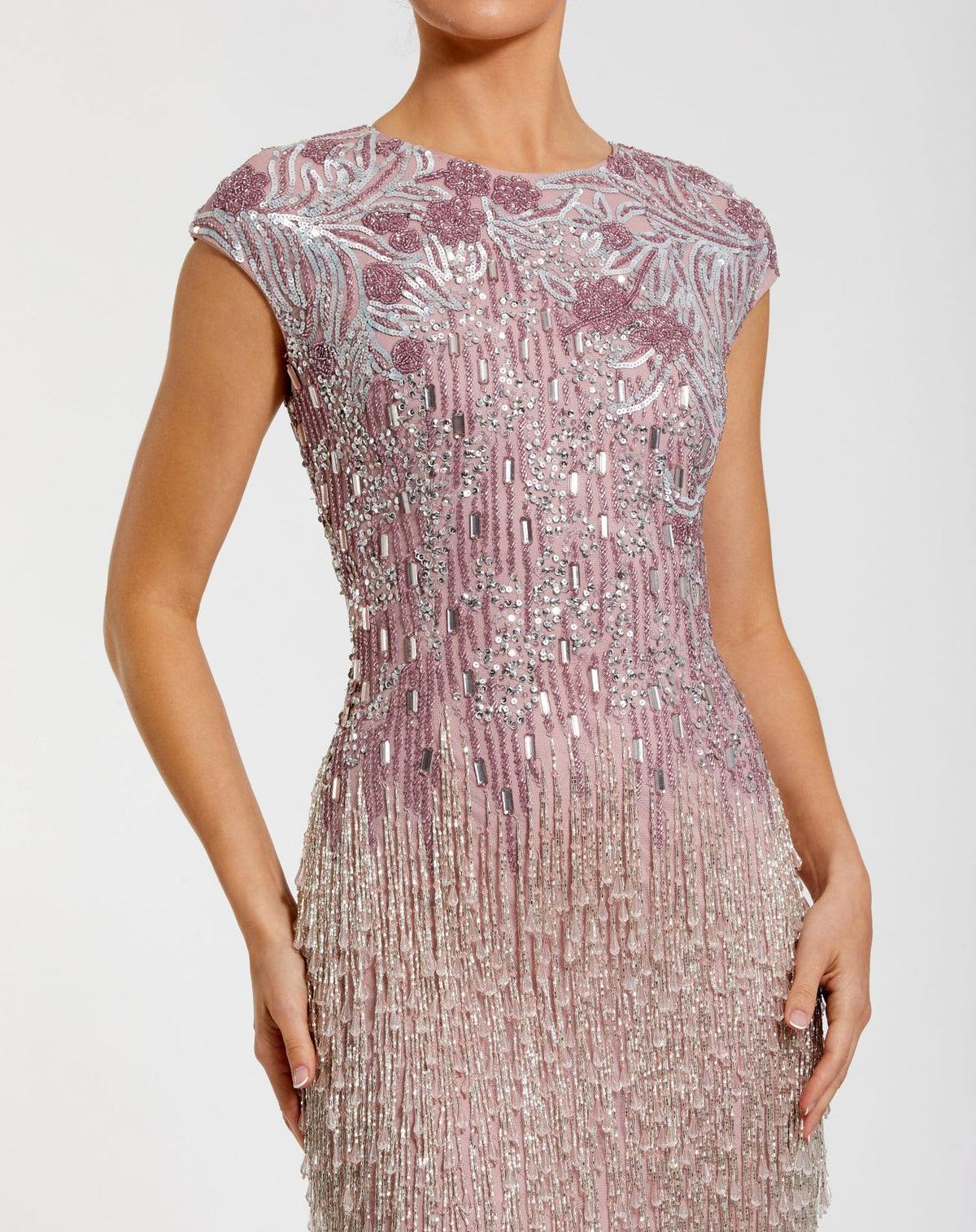 Petite Vintage Lilac Embellished Cap Sleeve Gown With Fringe Beading - Mac Duggal