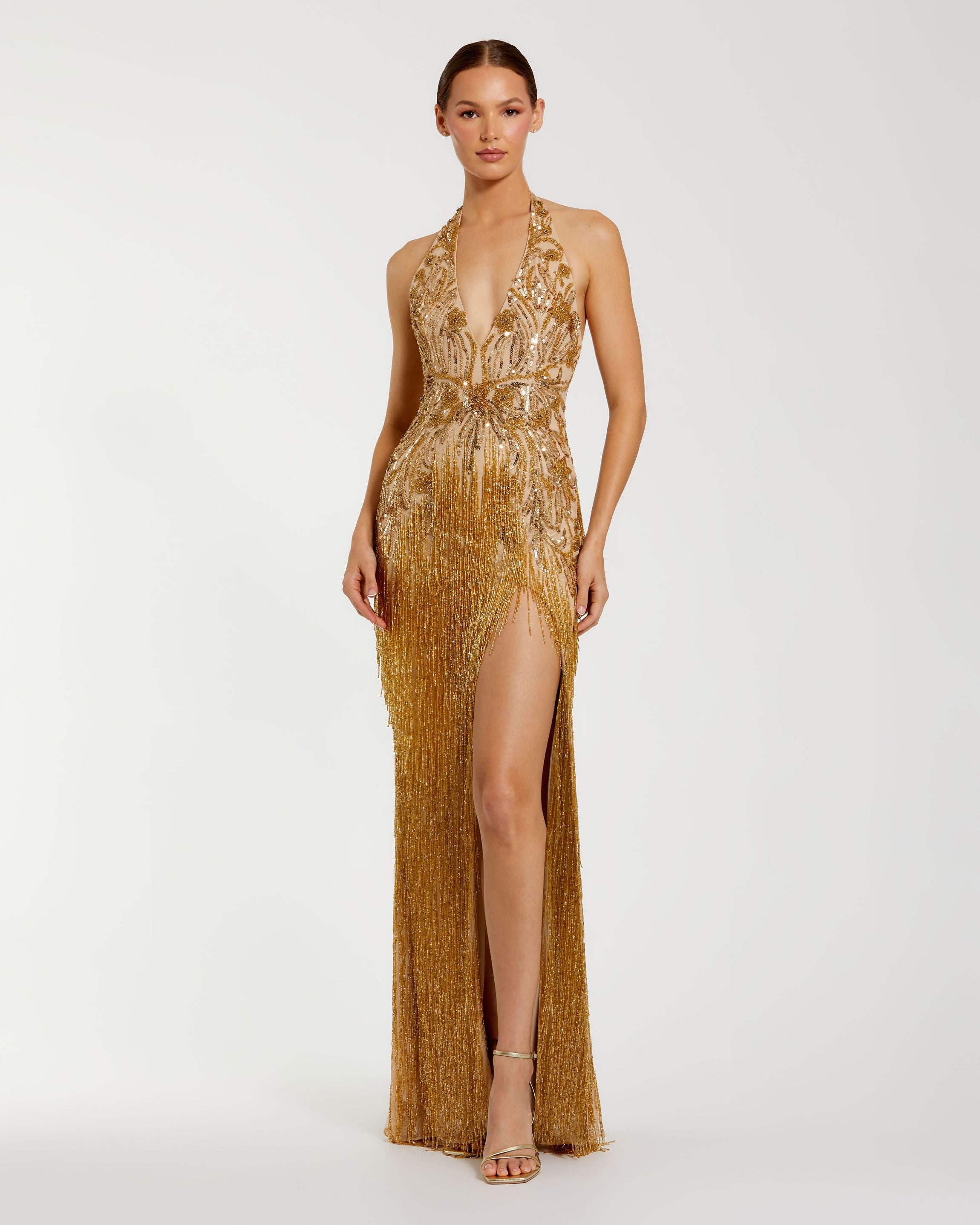 Petite Gold Beaded Fringe Halter Gown With Slit Mac Duggal