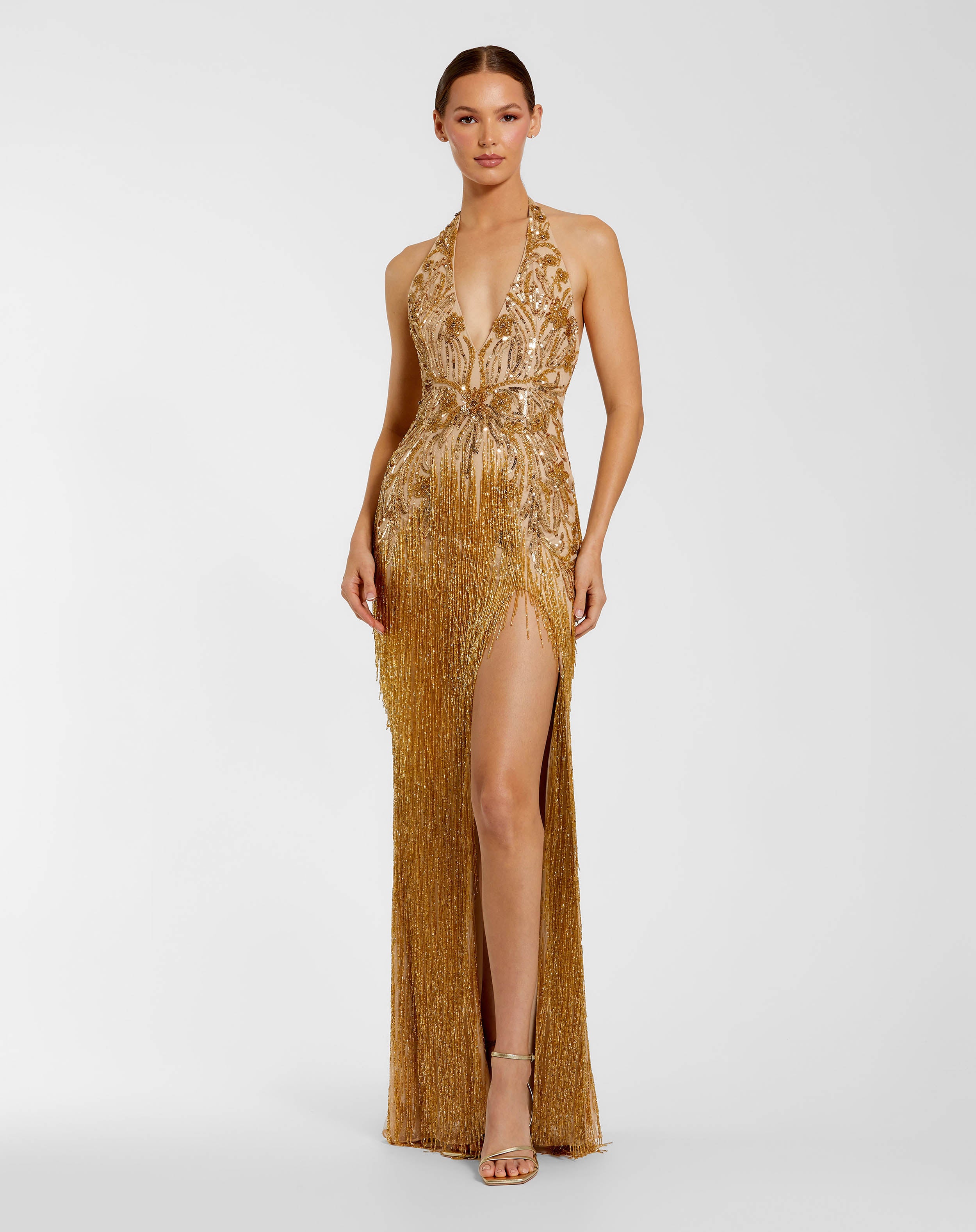 Petite Gold Beaded Fringe Halter Gown With Slit Mac Duggal