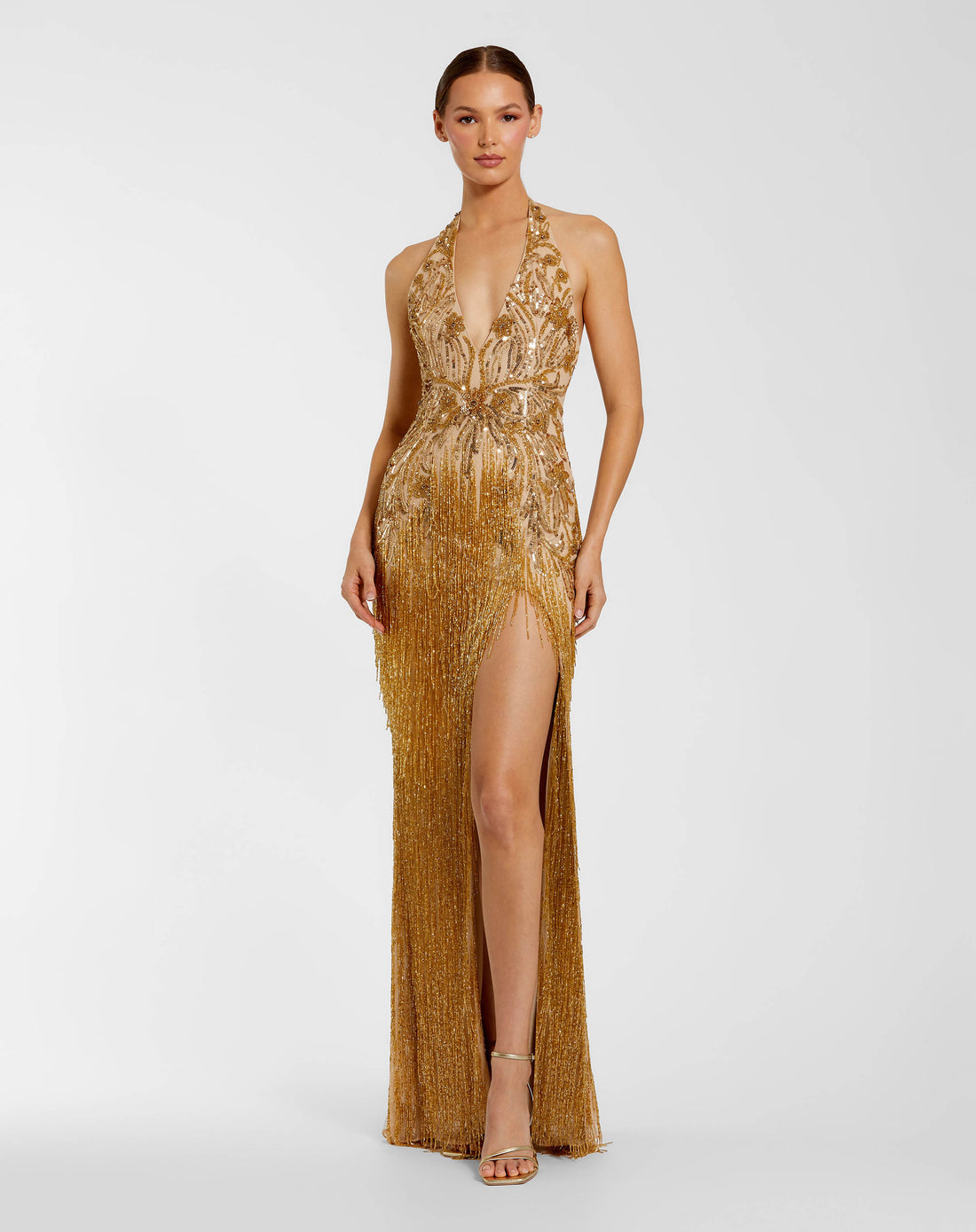 Petite Gold Beaded Fringe Halter Gown With Slit Mac Duggal
