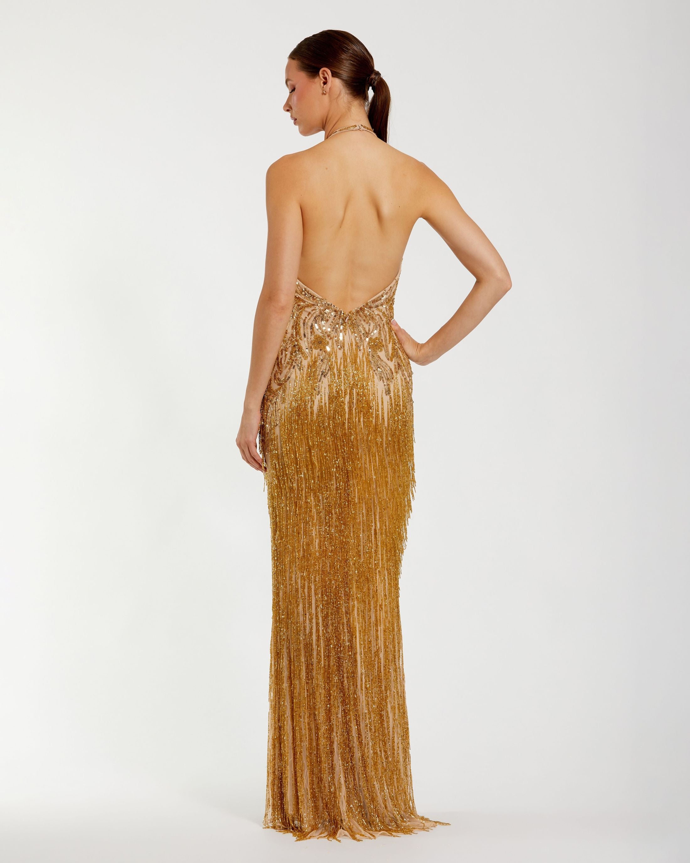 Petite Gold Beaded Fringe Halter Gown With Slit Mac Duggal