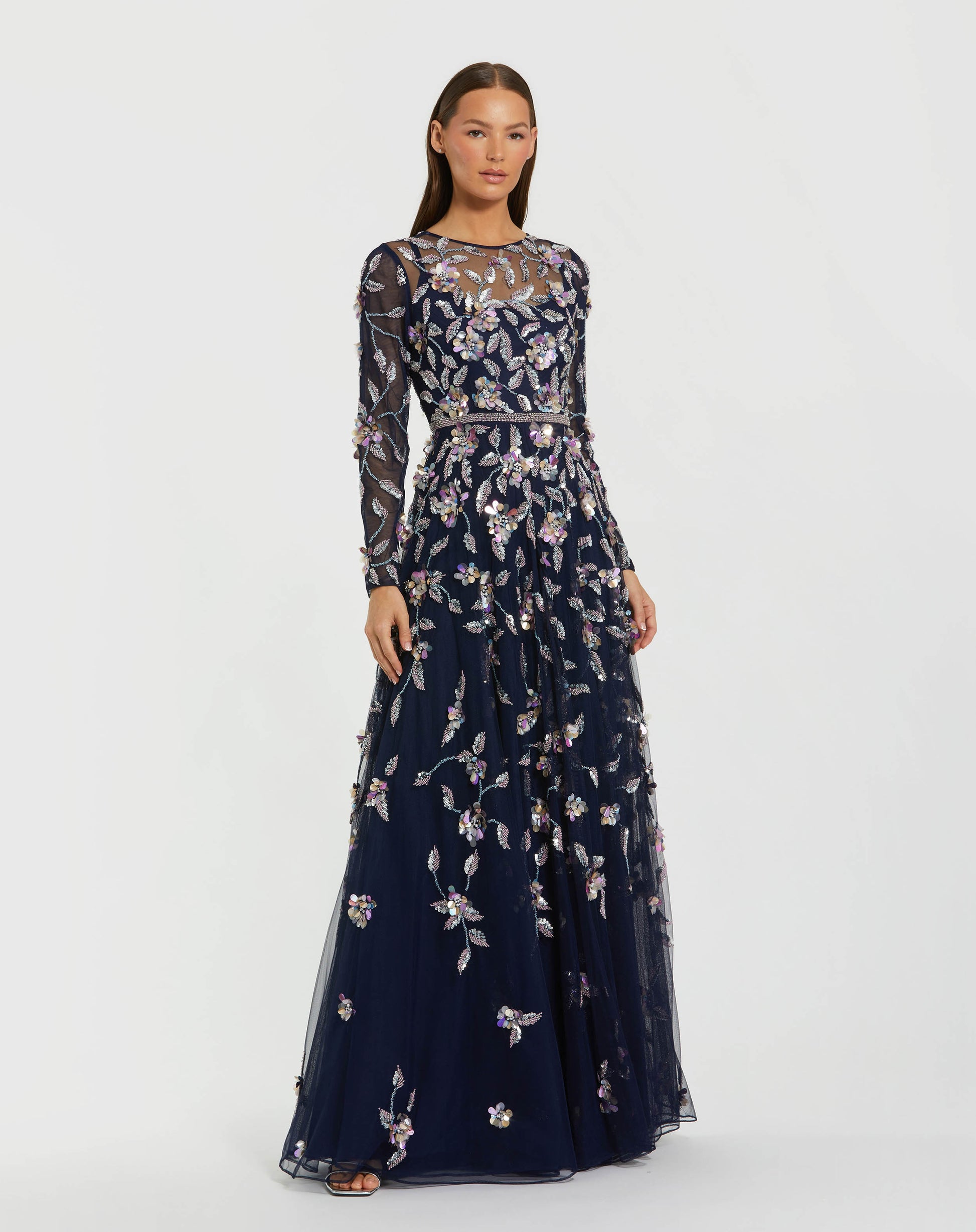 Petite Navy Floral Embellished Evening Gown Mac Duggal