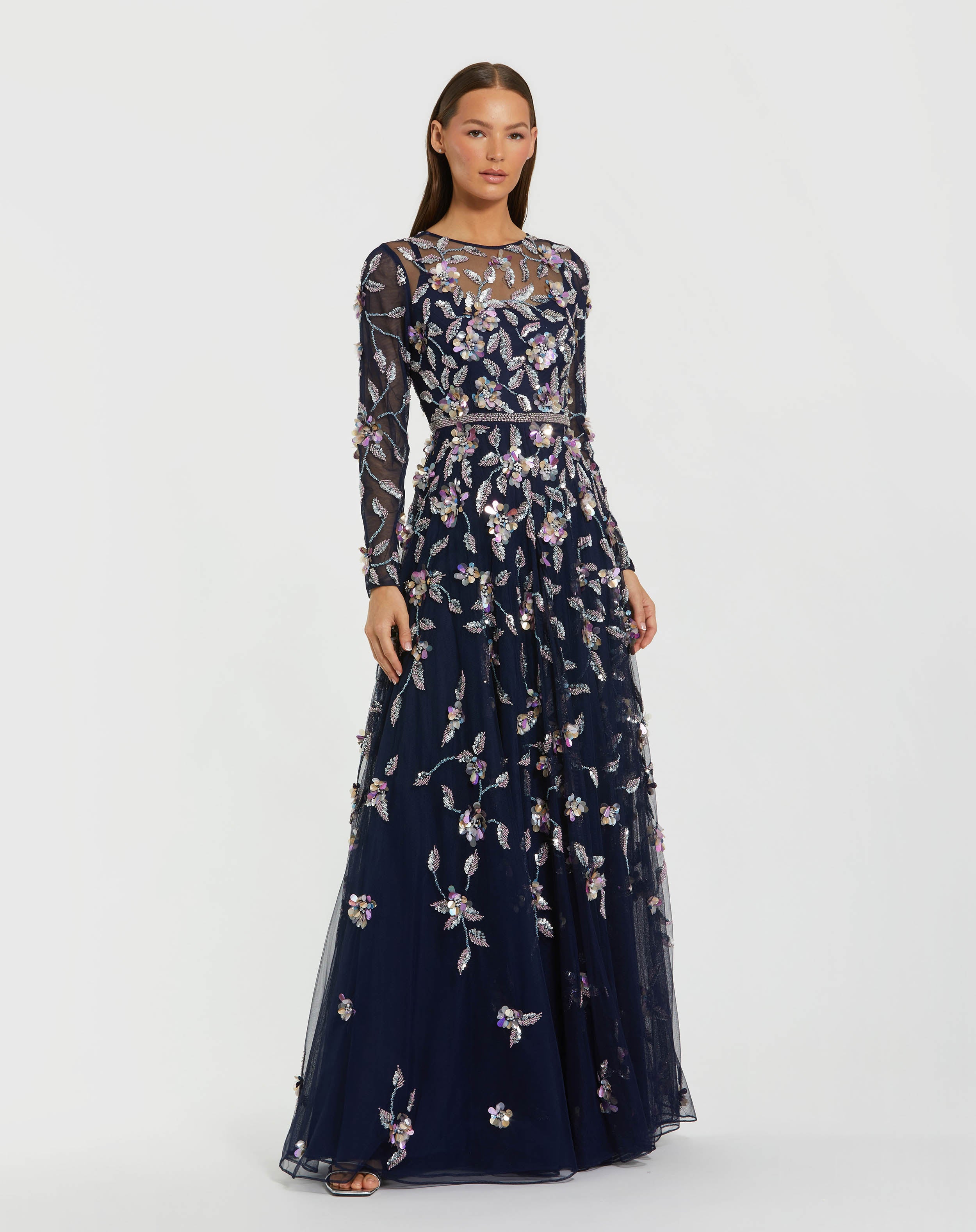Petite Navy Floral Embellished Evening Gown Mac Duggal
