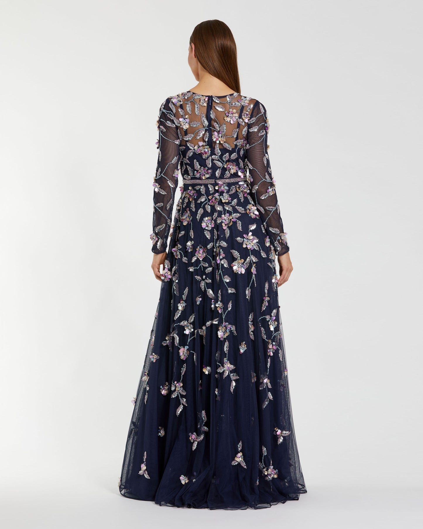 Petite Navy Floral Embellished Evening Gown Mac Duggal