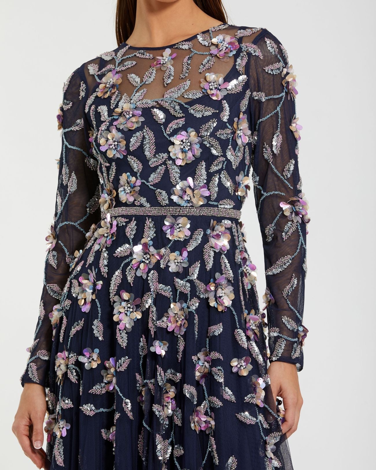 Petite Navy Floral Embellished Evening Gown Mac Duggal