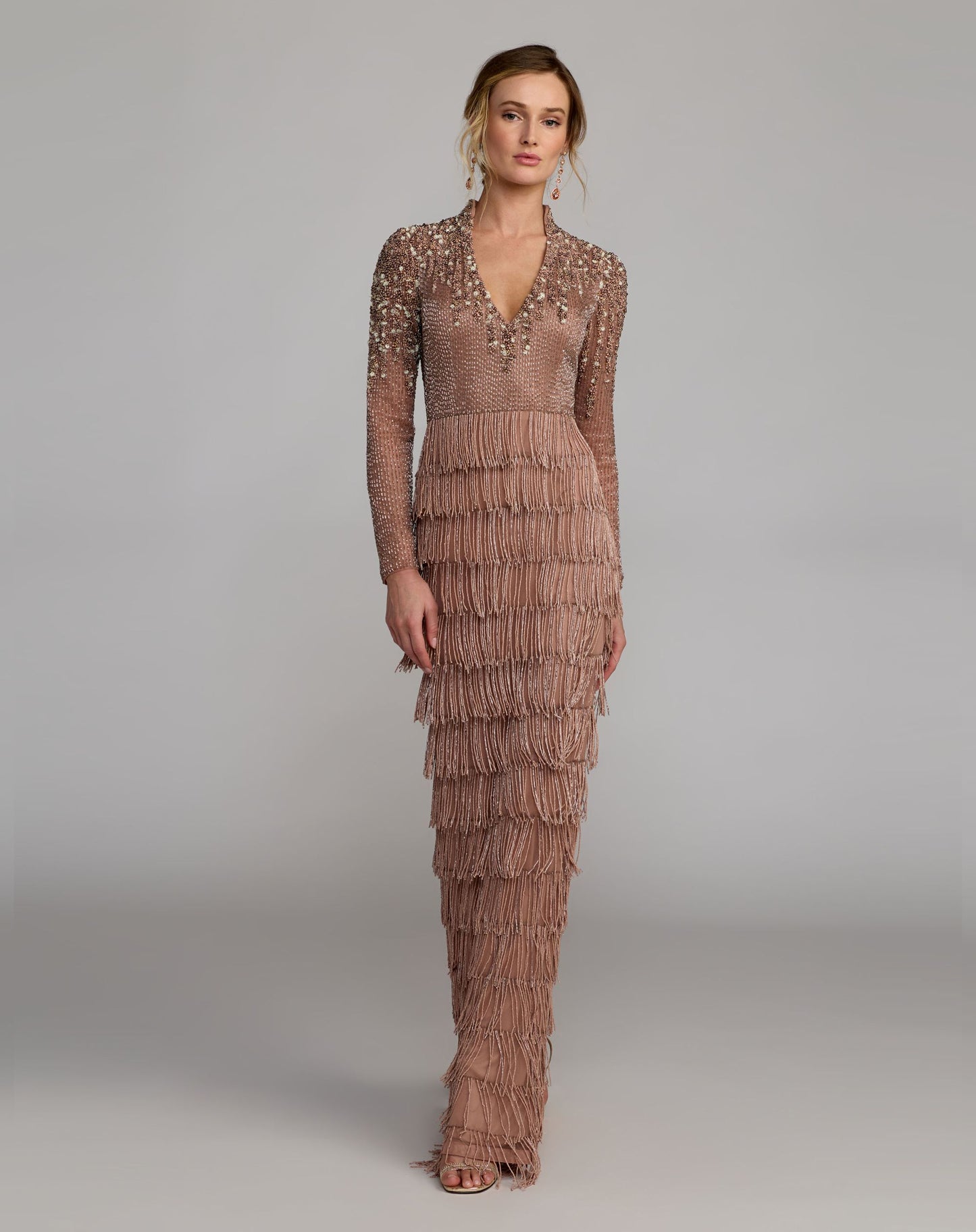 Petite Pink Beaded Long Sleeve Fringe Column Gown- Mac Duggal