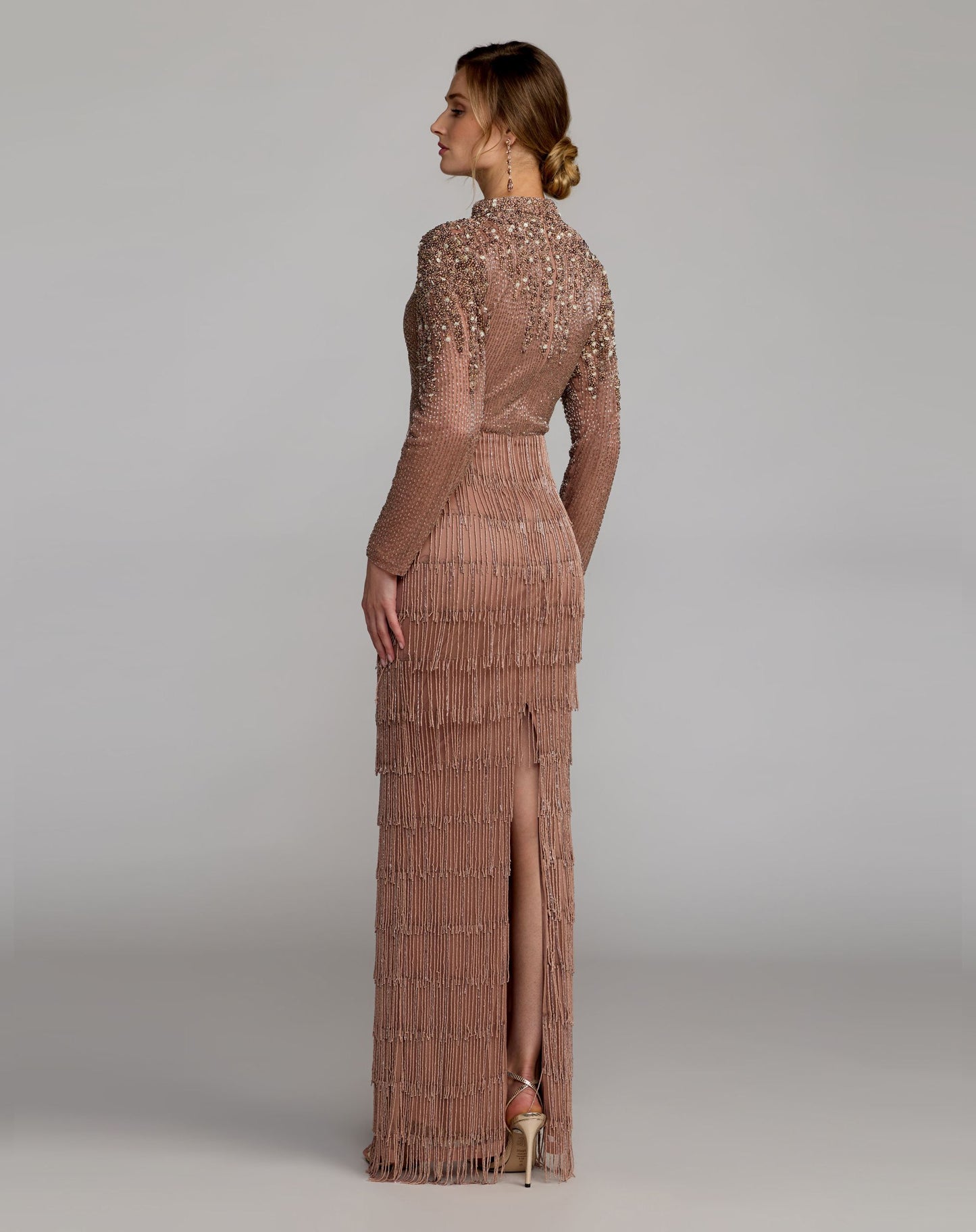 Petite Pink Beaded Long Sleeve Fringe Column Gown- Mac Duggal