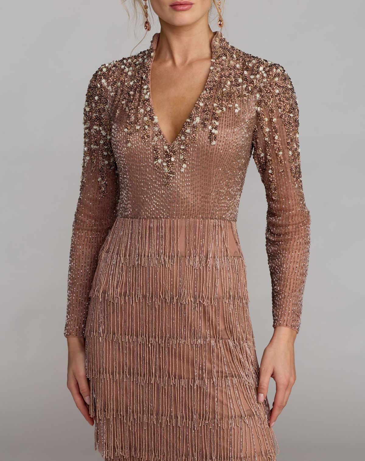 Petite Pink Beaded Long Sleeve Fringe Column Gown- Mac Duggal