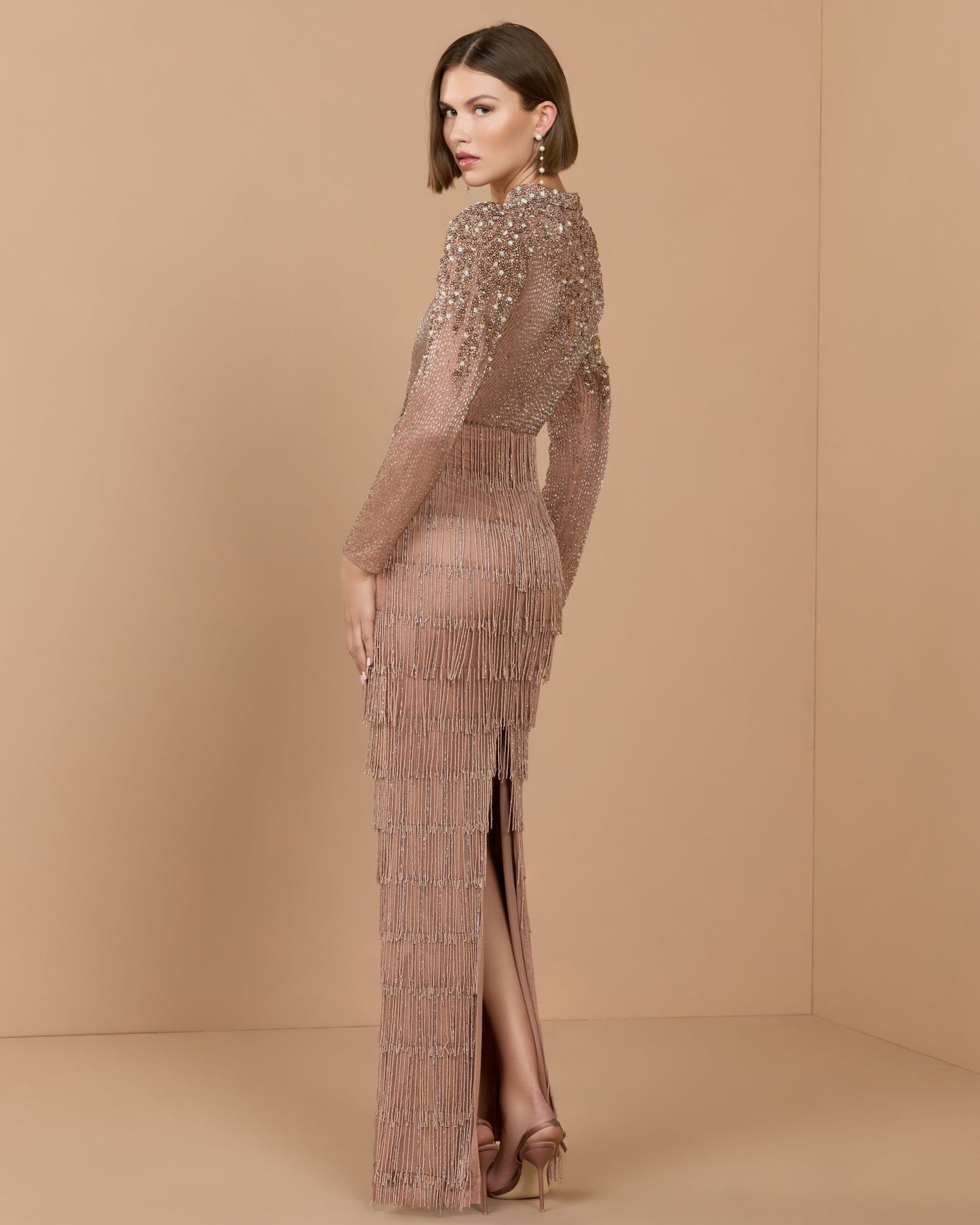 Petite Pink Beaded Long Sleeve Fringe Column Gown- Mac Duggal