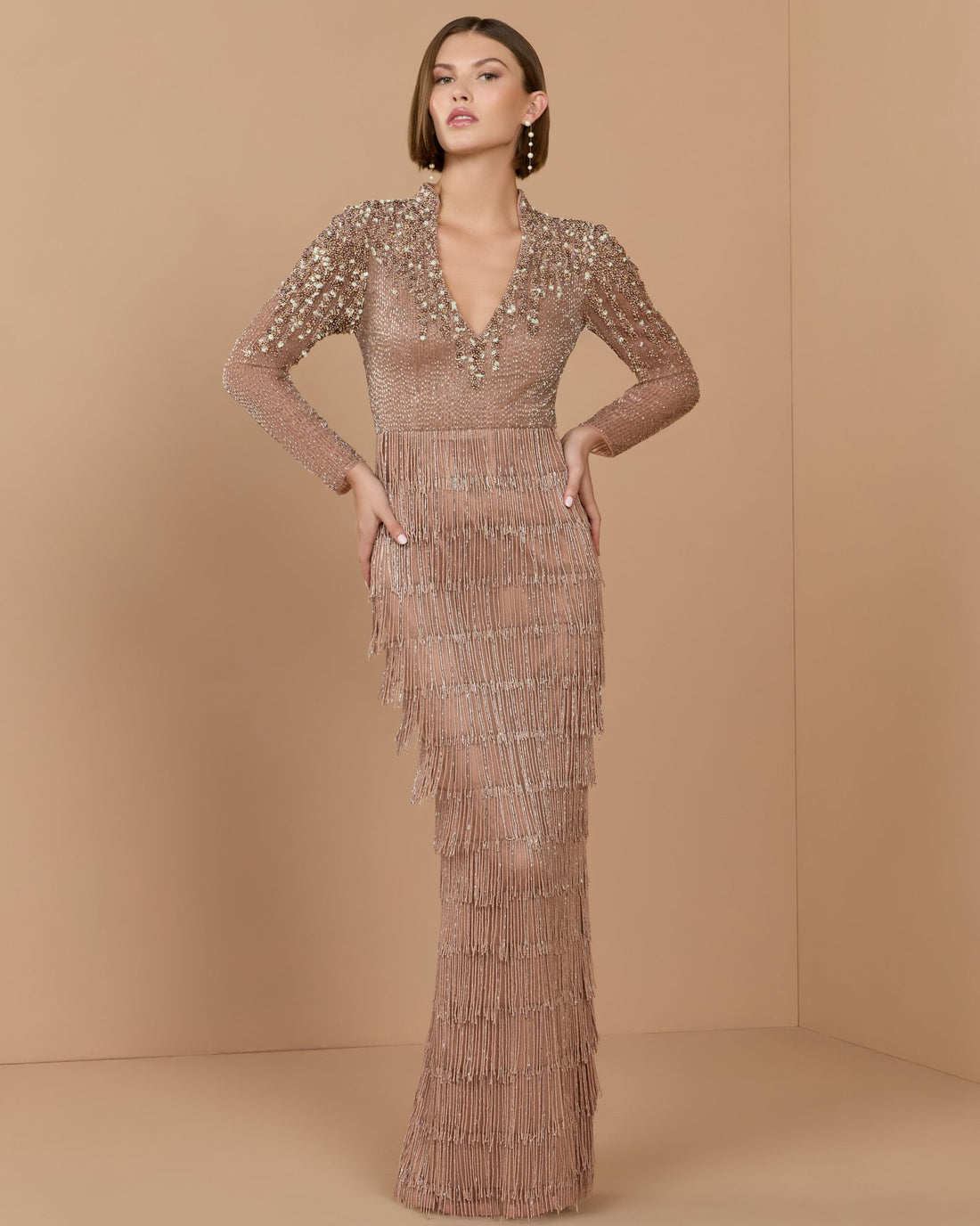 Petite Pink Beaded Long Sleeve Fringe Column Gown- Mac Duggal