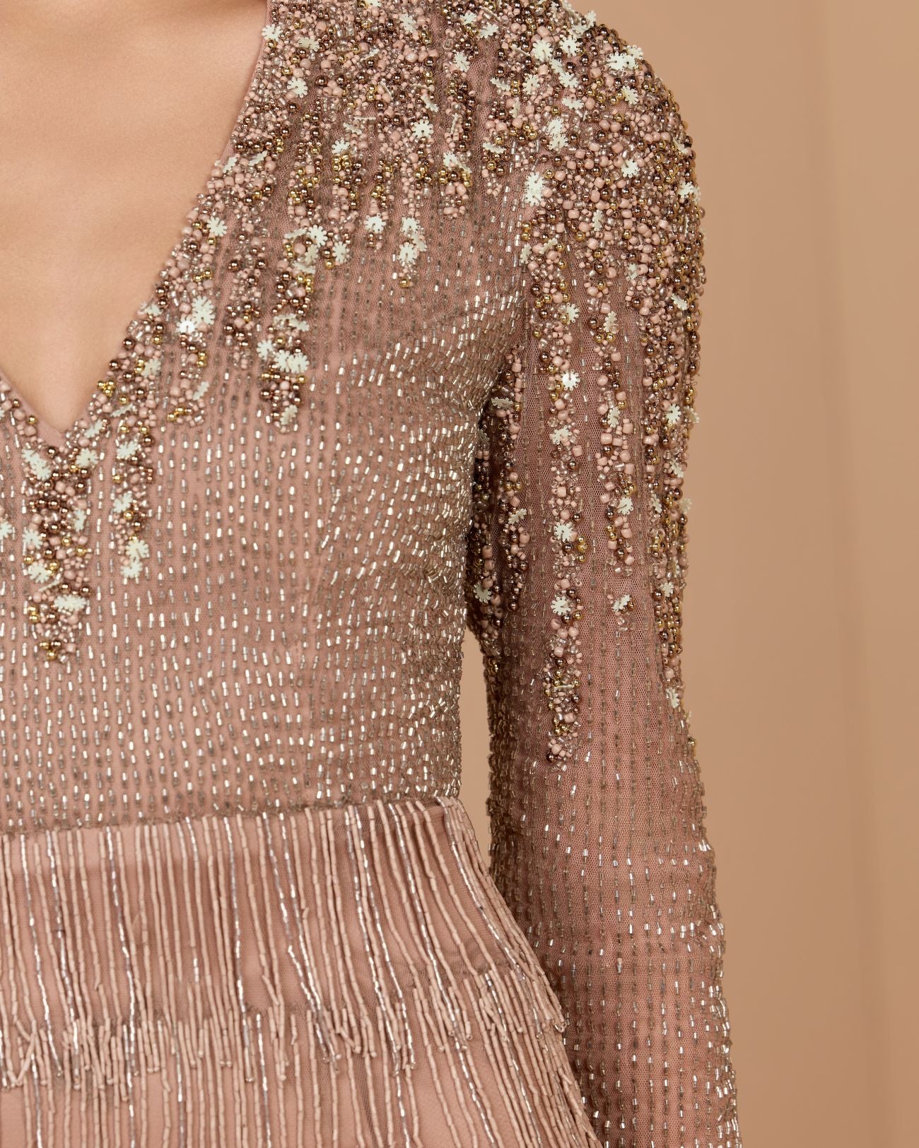 Petite Pink Beaded Long Sleeve Fringe Column Gown- Mac Duggal