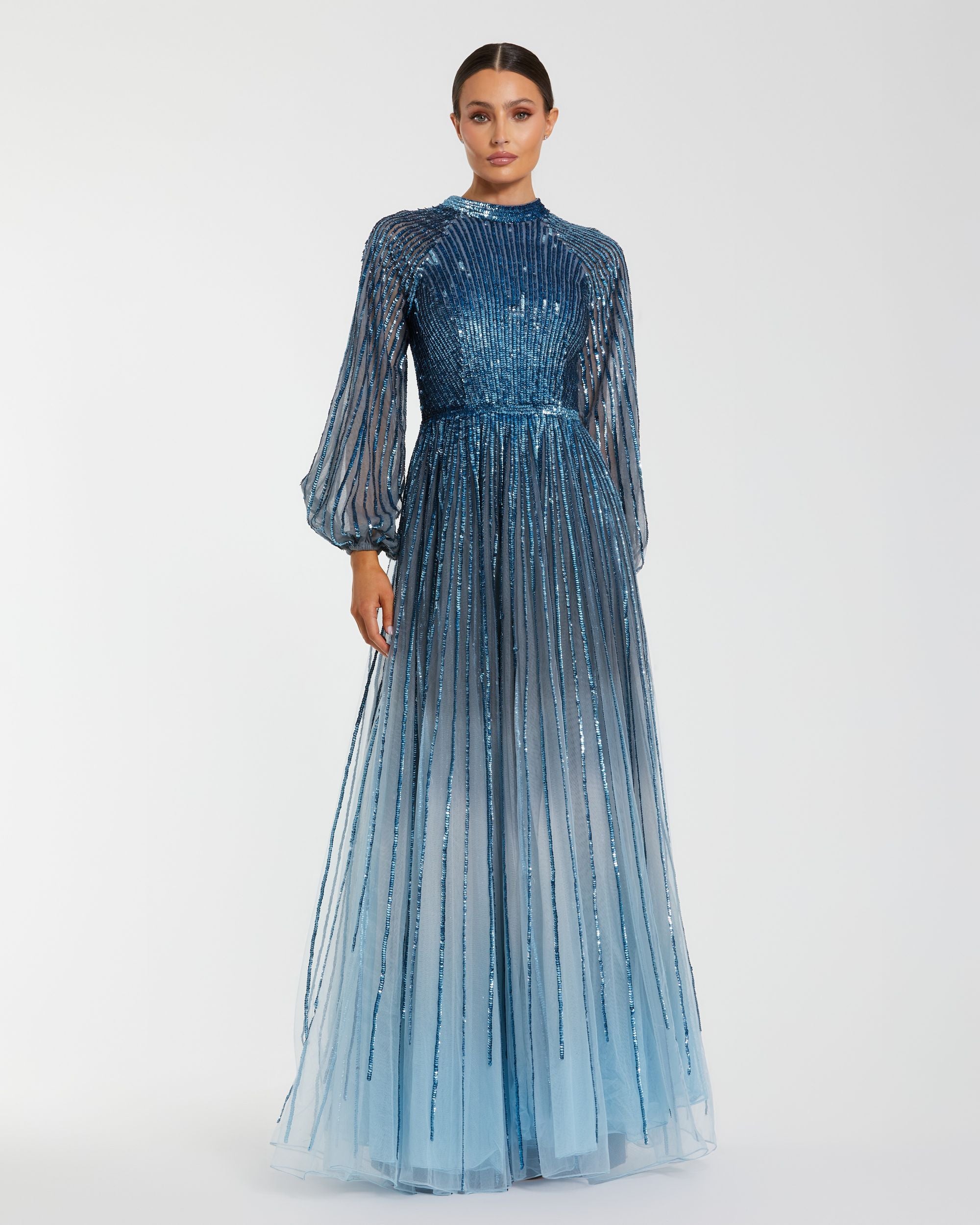 Petite Blue Ombré Sequin Long Sleeve A-Line Evening Dress - Mac Duggal
