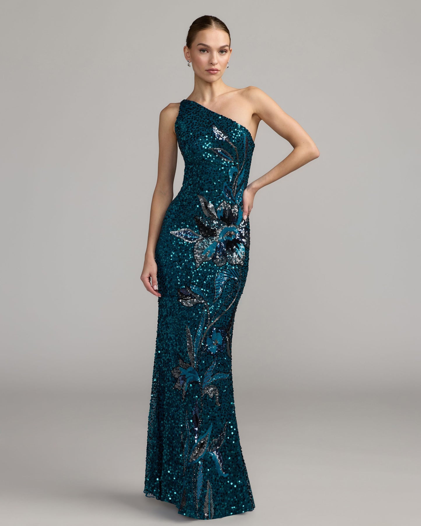Teal Floral Sequin One Shoulder Gown Mac Duggal