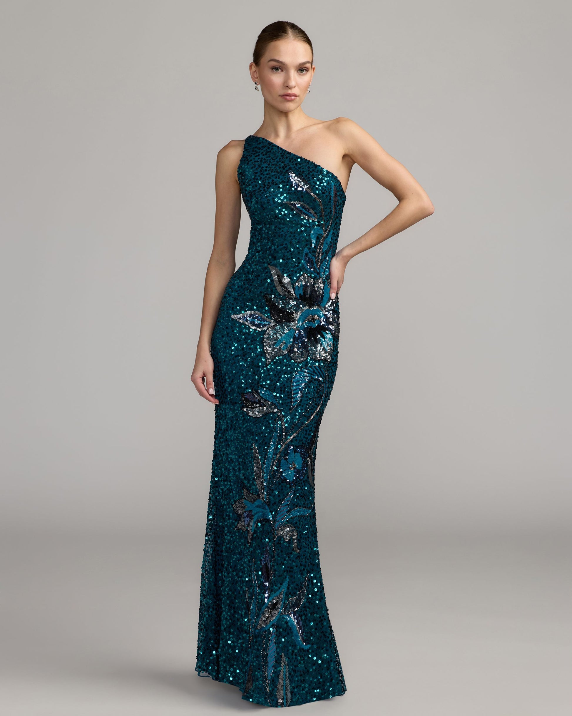 Teal Floral Sequin One Shoulder Gown Mac Duggal