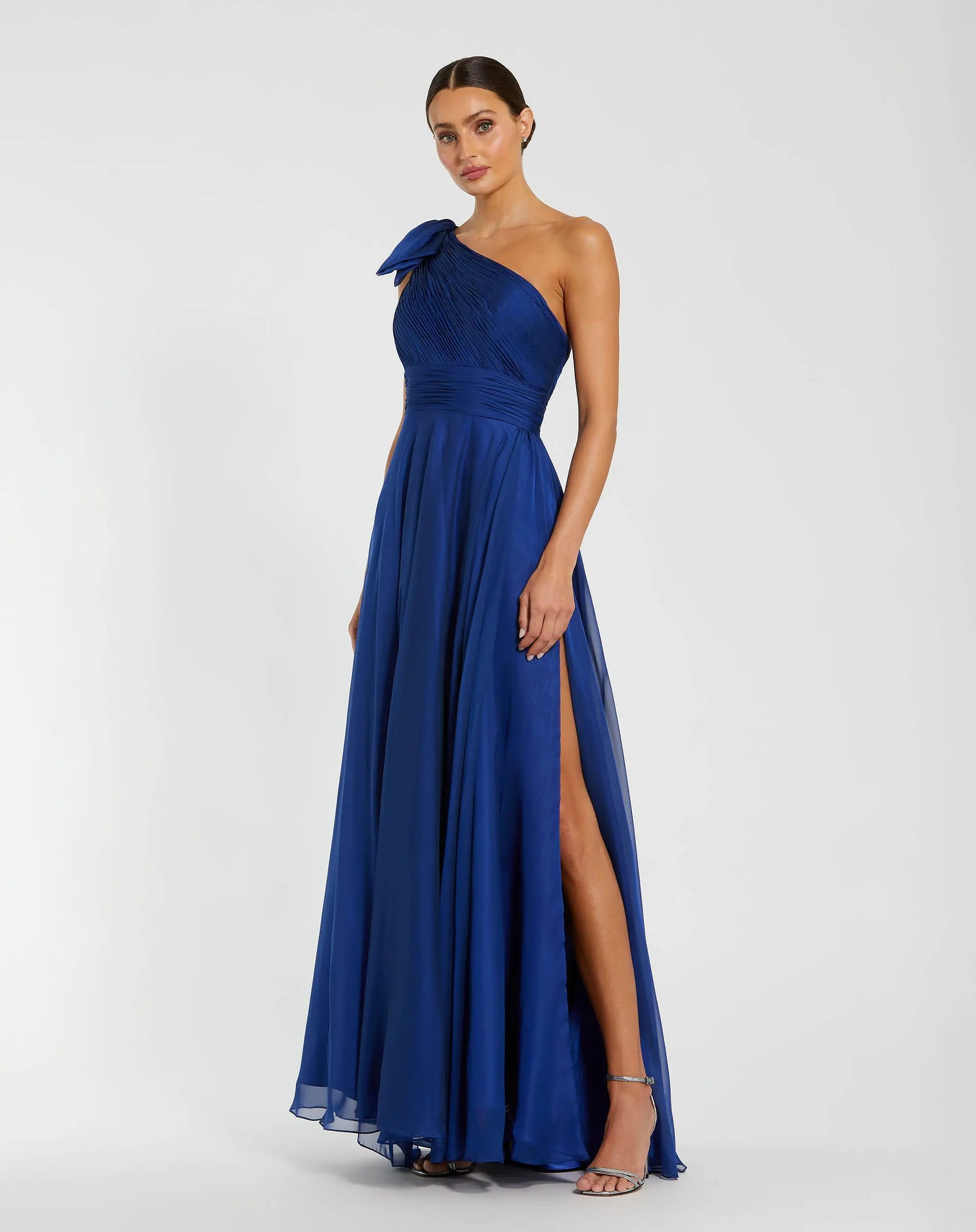 Petite Blue Sleeveless One Shoulder Pleated Gown