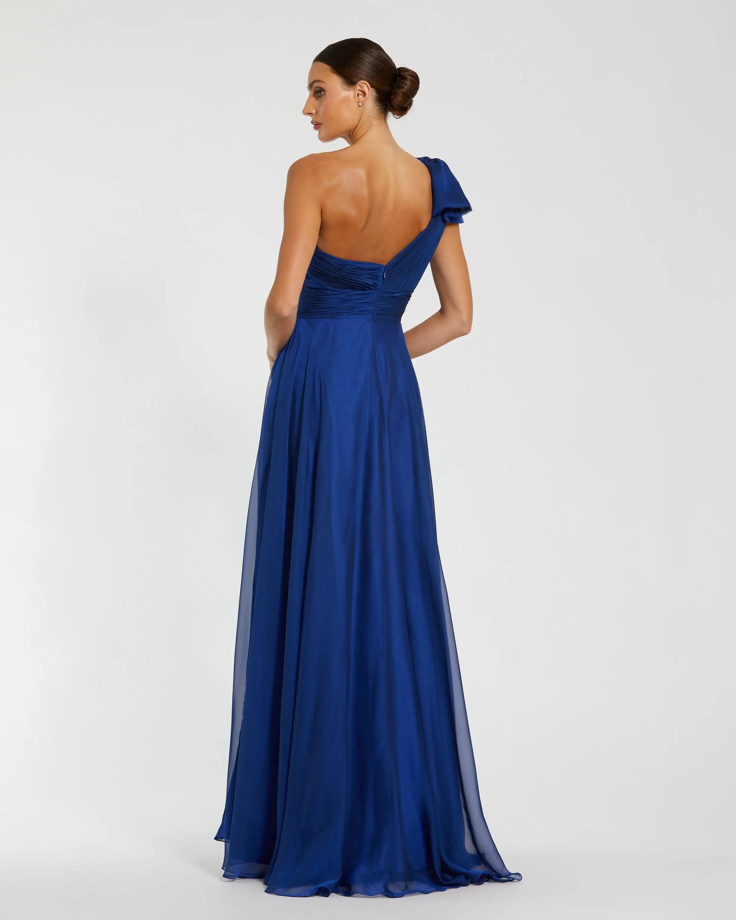 Petite Blue Sleeveless One Shoulder Pleated Gown Ieena for Mac Duggal