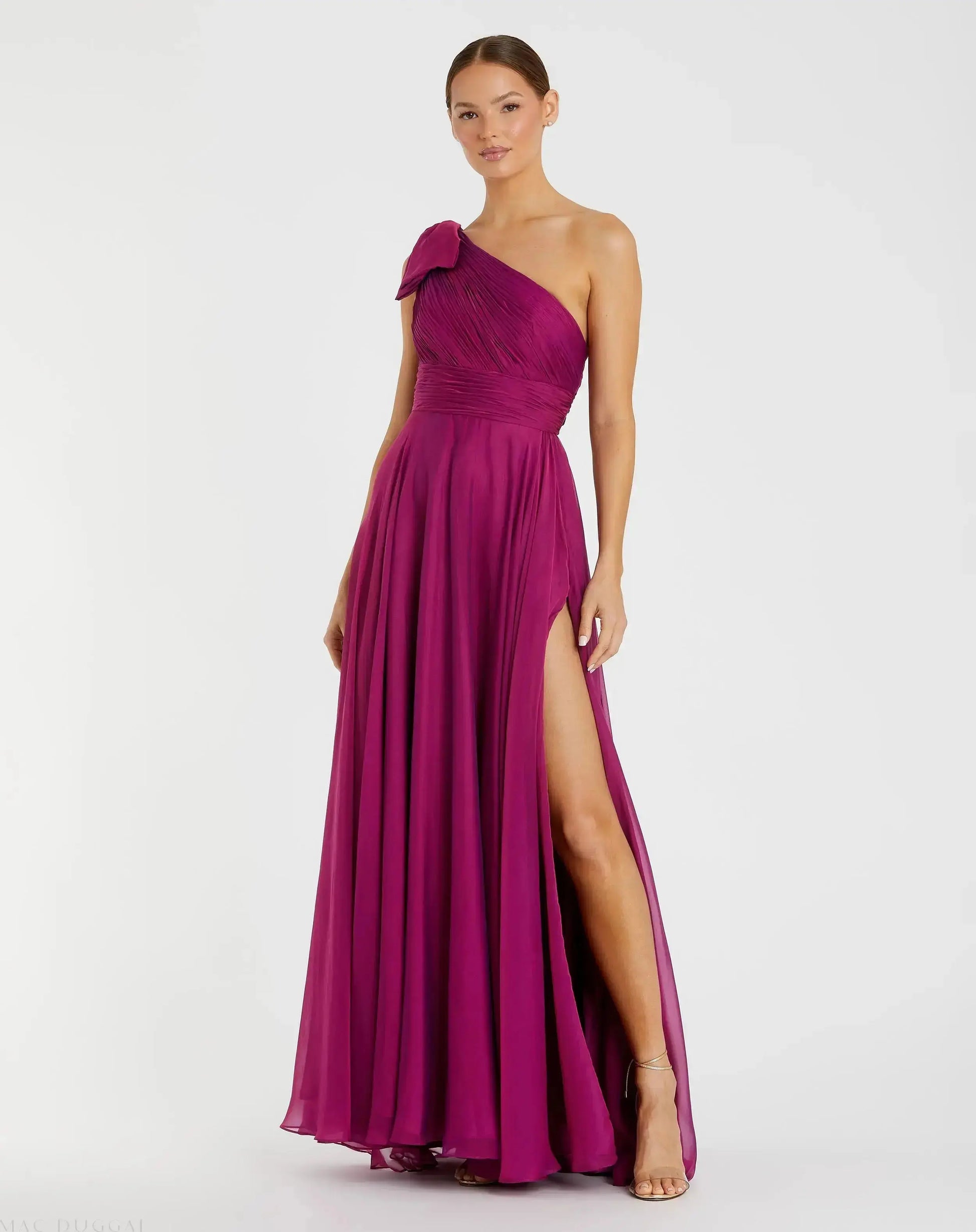 Purple Sleeveless One Shoulder Pleated Gown | Mac Duggal Purple Sleeveless One Shoulder Pleated Gown | Mac Duggal