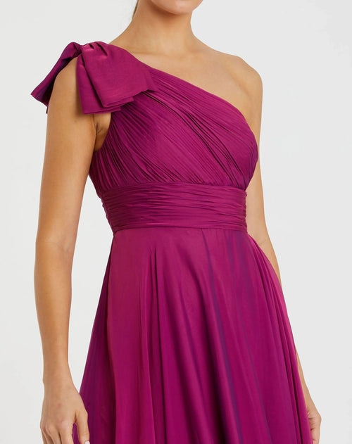 Purple Petite Pleated One Shoulder Chiffon Gown Mac Duggal
