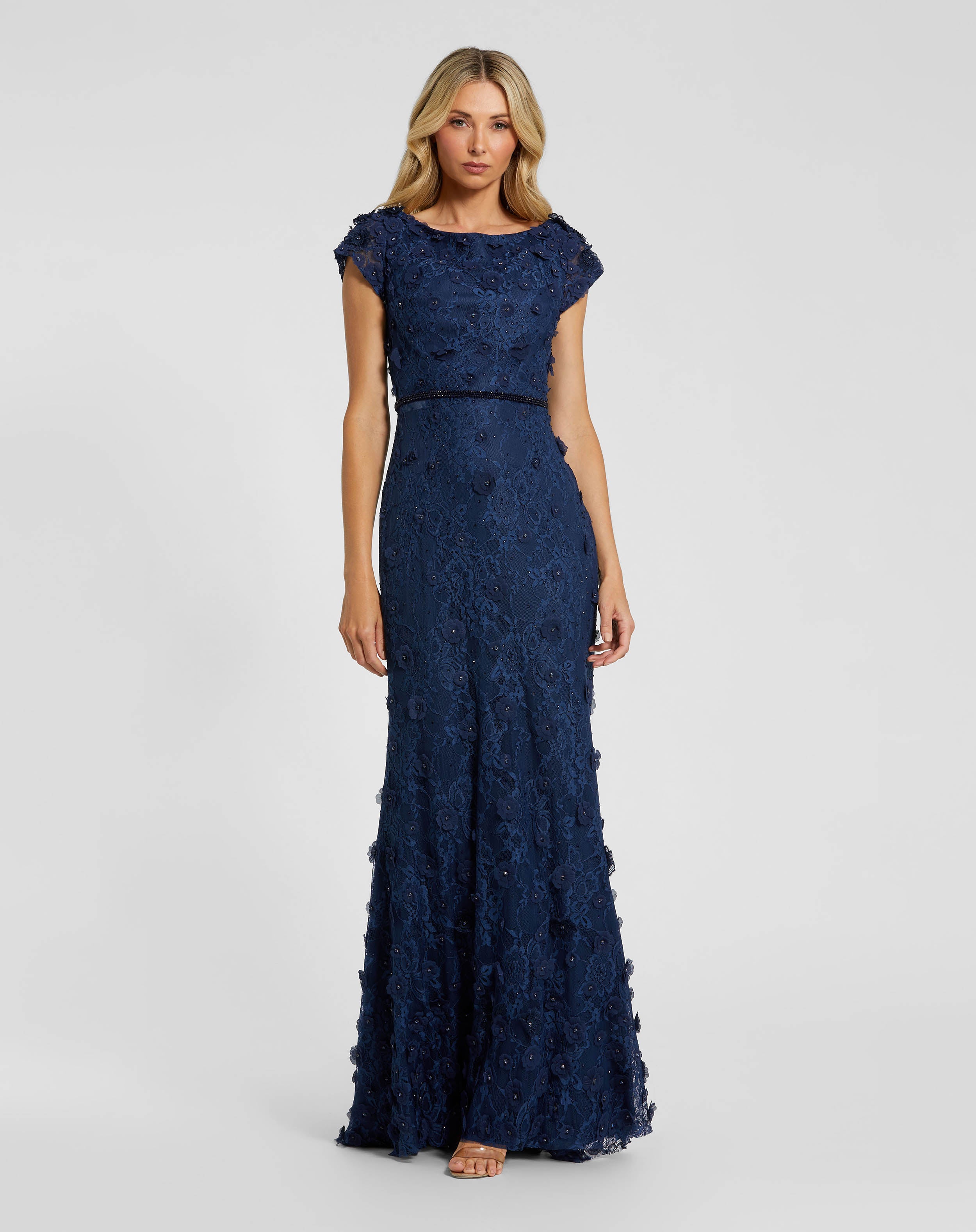 Petite Navy Floral Applique Boat Neck Cap Sleeve Gown Mac Duggal