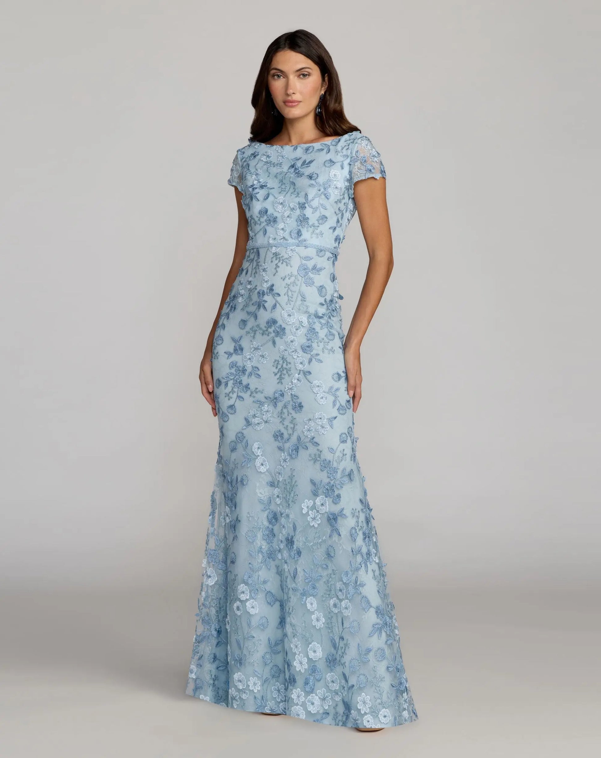 Petite Blue Floral Applique Boat Neck Cap Sleeve Gown | Mac Duggal Petite Blue Floral Applique Boat Neck Cap Sleeve Gown | Mac Duggal