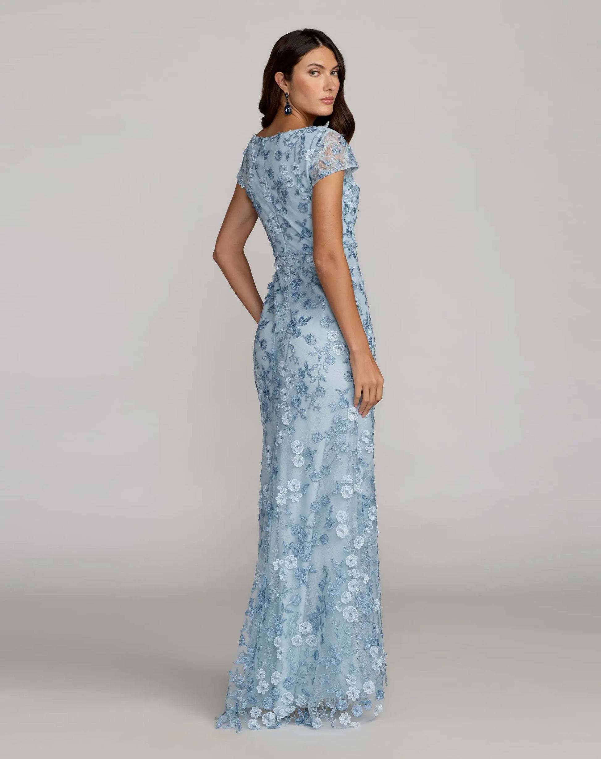 Petite Blue Floral Applique Boat Neck Cap Sleeve Gown | Mac Duggal Petite Blue Floral Applique Boat Neck Cap Sleeve Gown | Mac Duggal