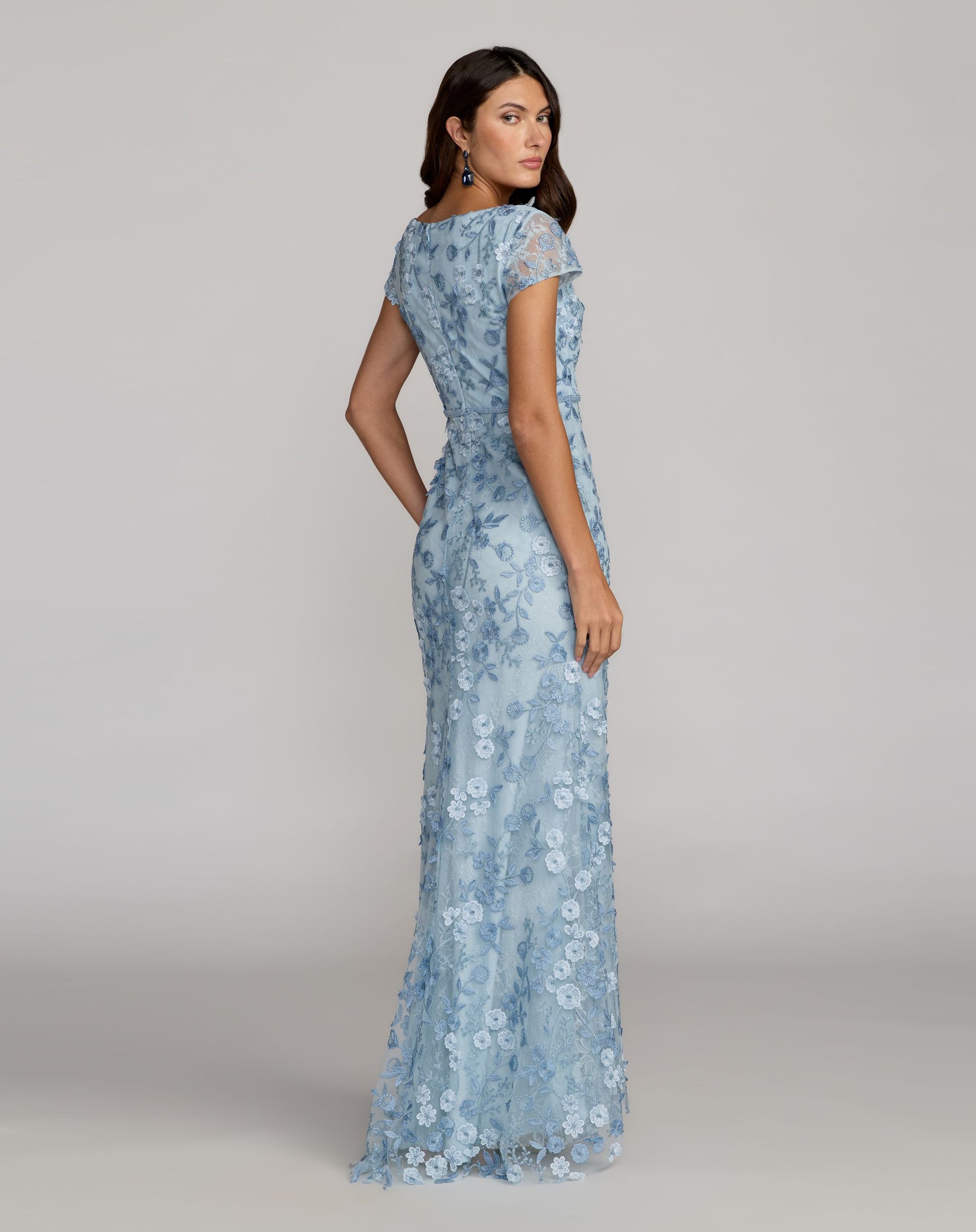 Petite Blue Floral Applique Boat Neck Cap Sleeve Gown - Mac Duggal
