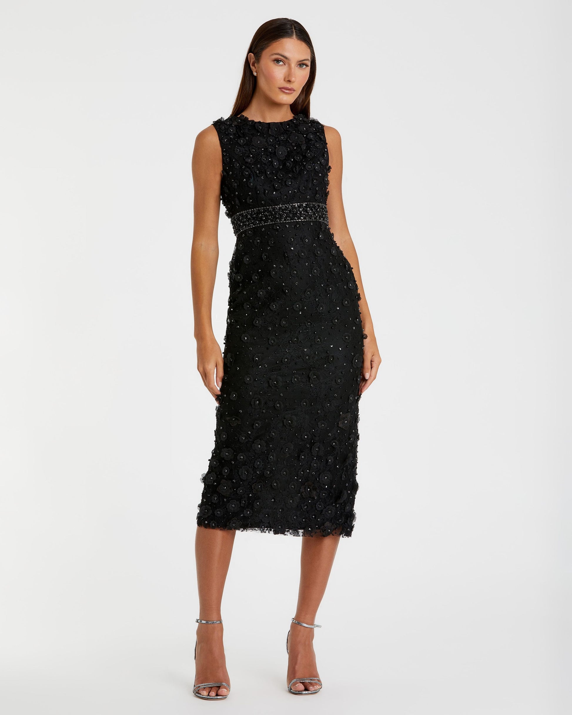 Mac Duggal - Petite Black Floral Applique Sleeveless Midi Dress