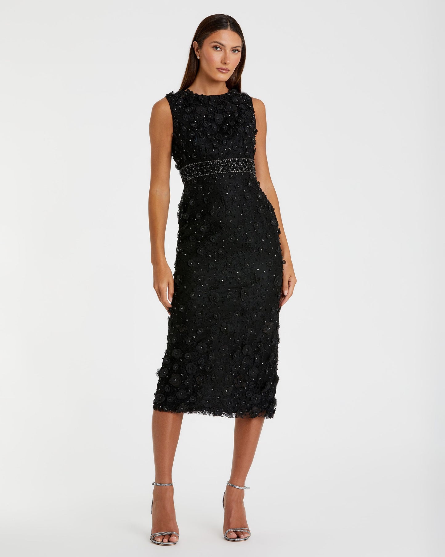 Petite Black Floral Applique Sleeveless Midi Dress Mac Duggal