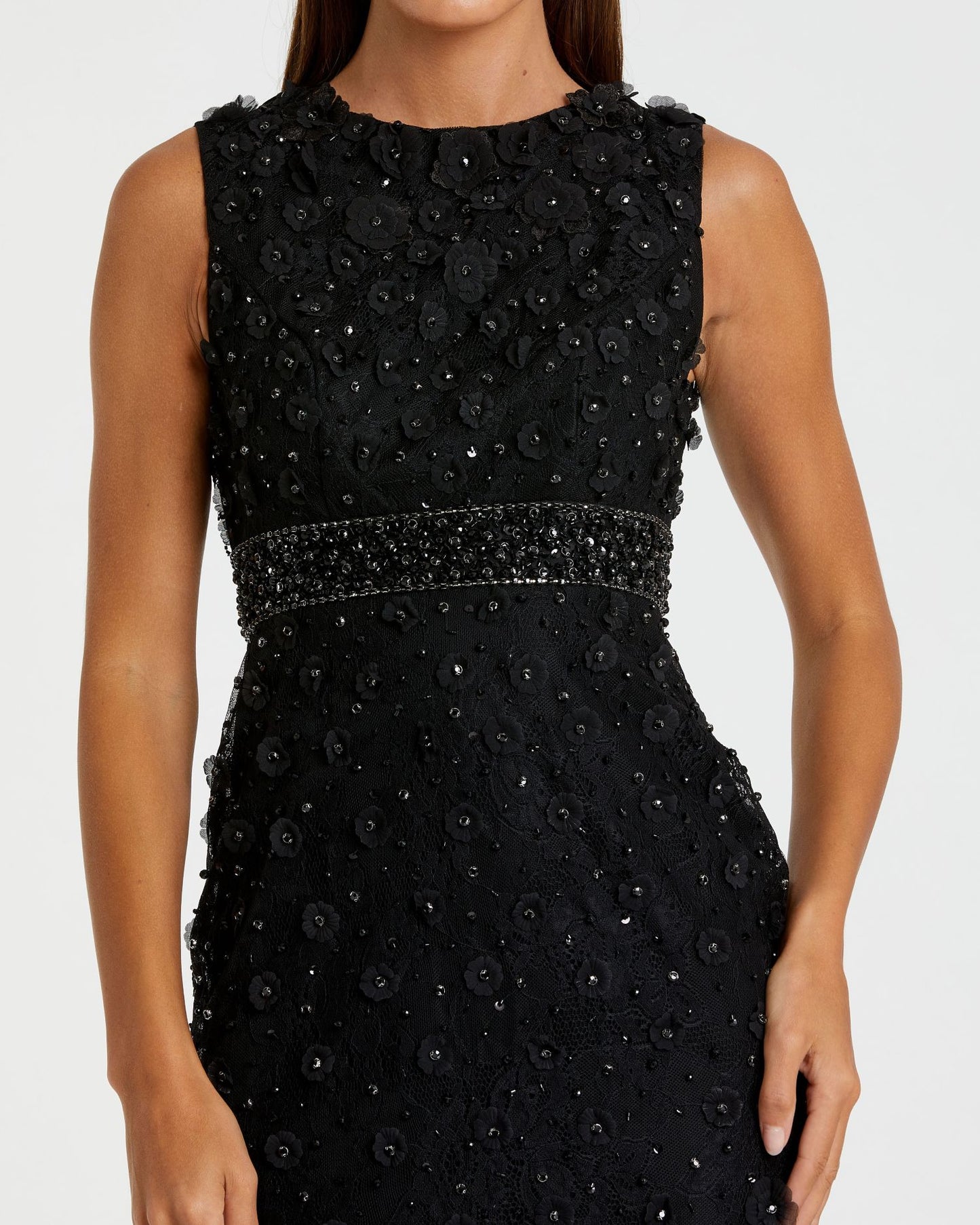 Petite Black Floral Applique Sleeveless Midi Dress Mac Duggal