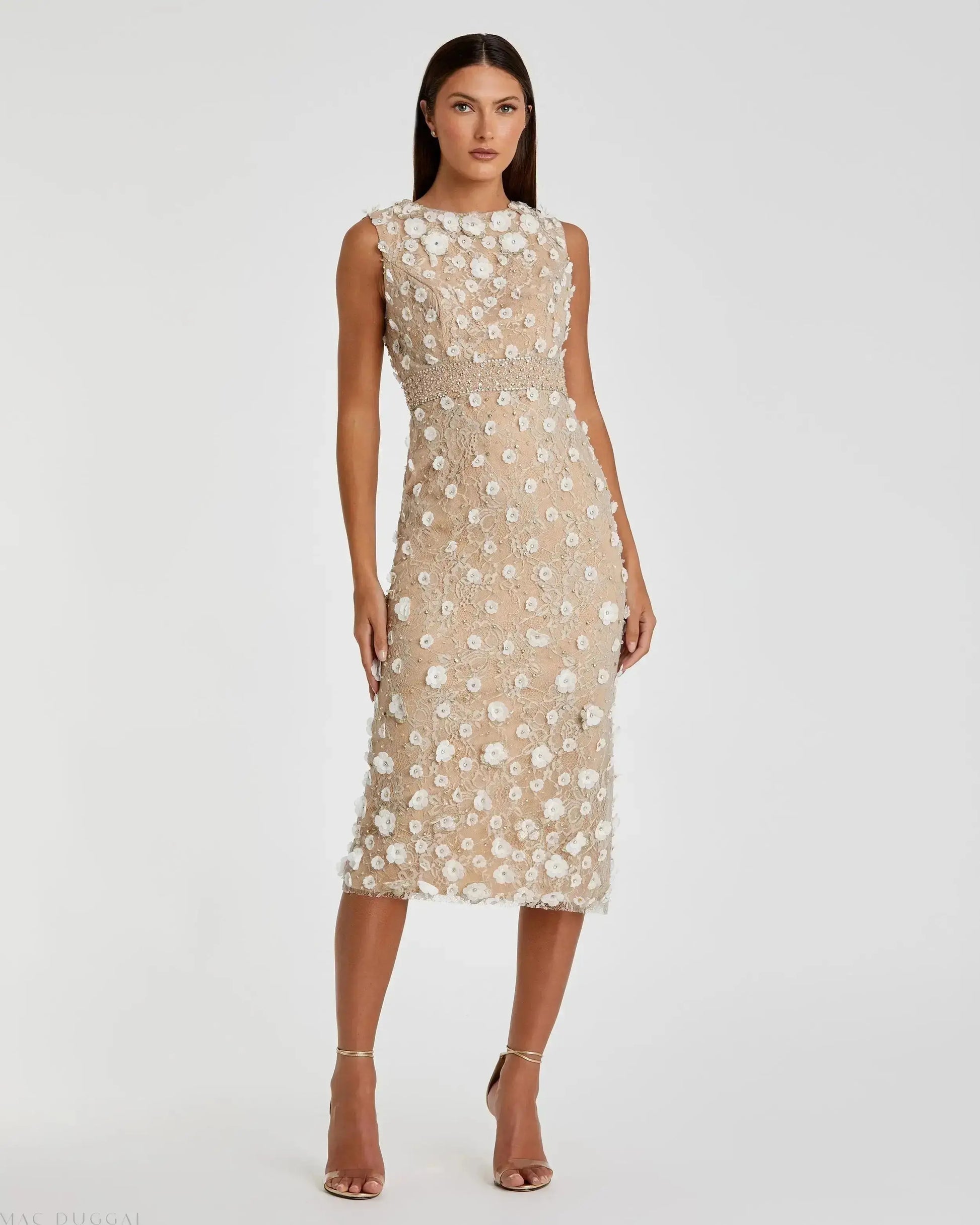 Floral Applique Sleeveless Midi Dress - Mac Duggal Floral Applique Sleeveless Midi Dress - Mac Duggal