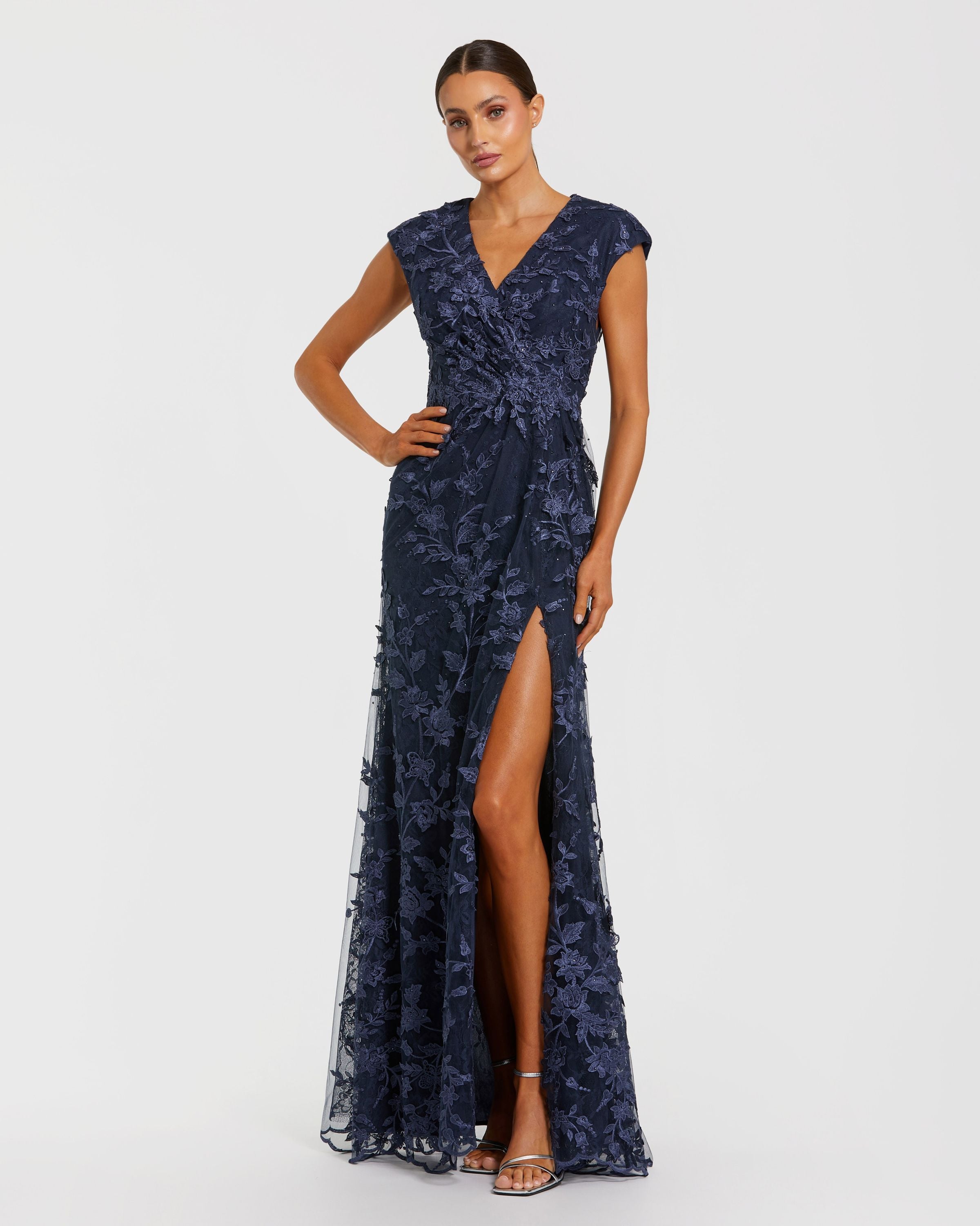 Petite Navy Faux Wrap Embroidered Cap Sleeve Gown Mac Duggal