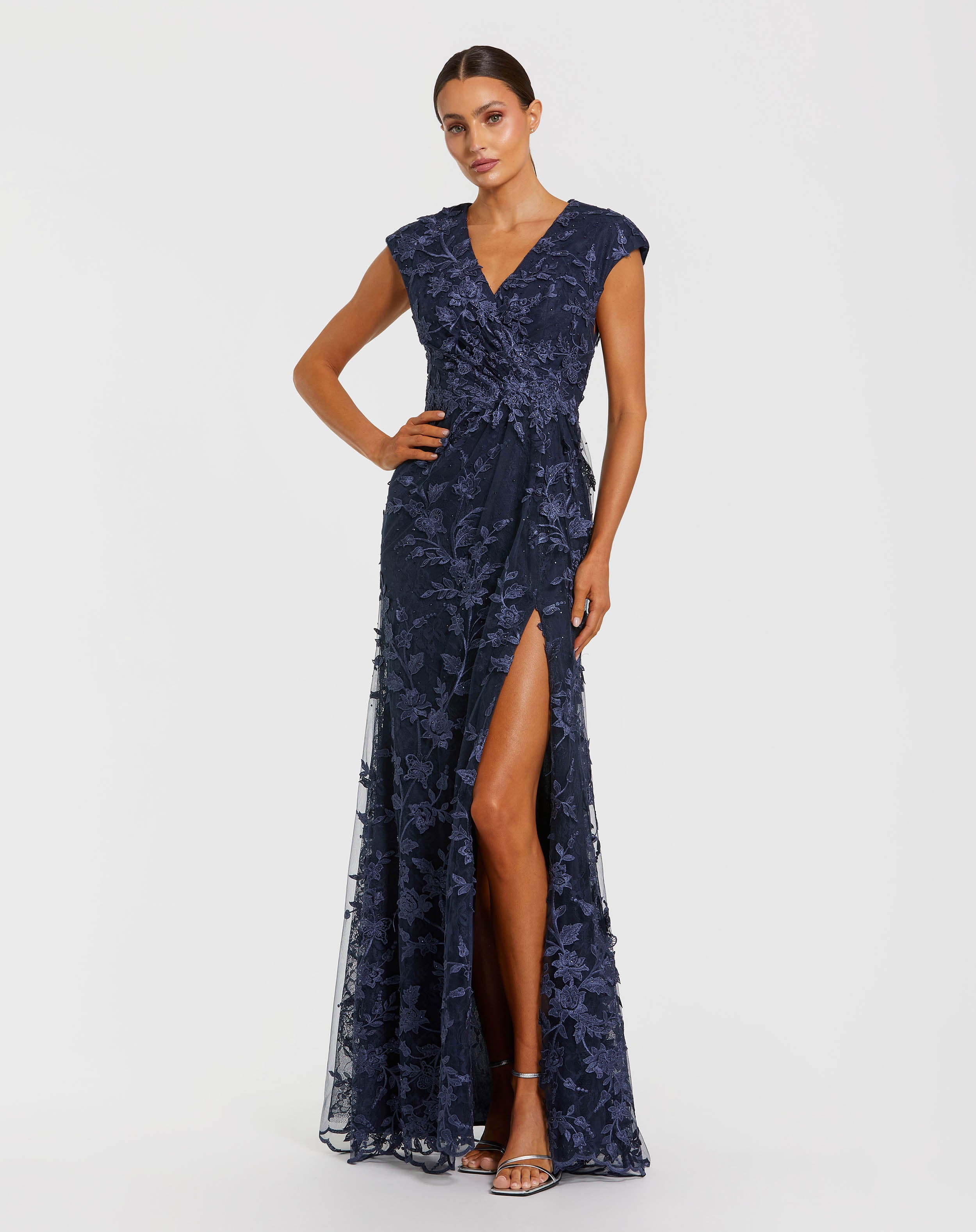 Petite Navy Faux Wrap Embroidered Cap Sleeve Gown Mac Duggal