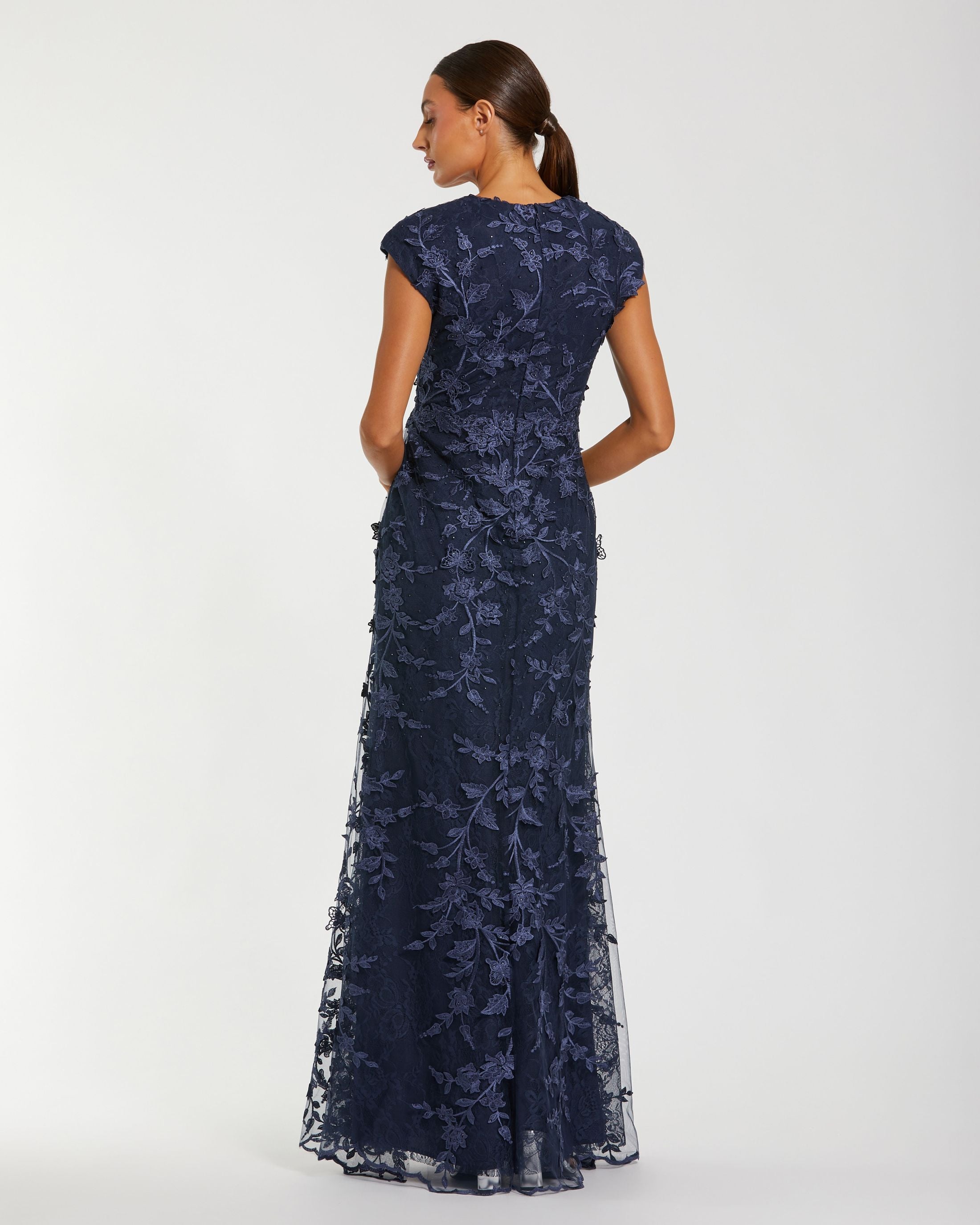 Petite Navy Faux Wrap Embroidered Cap Sleeve Gown Mac Duggal