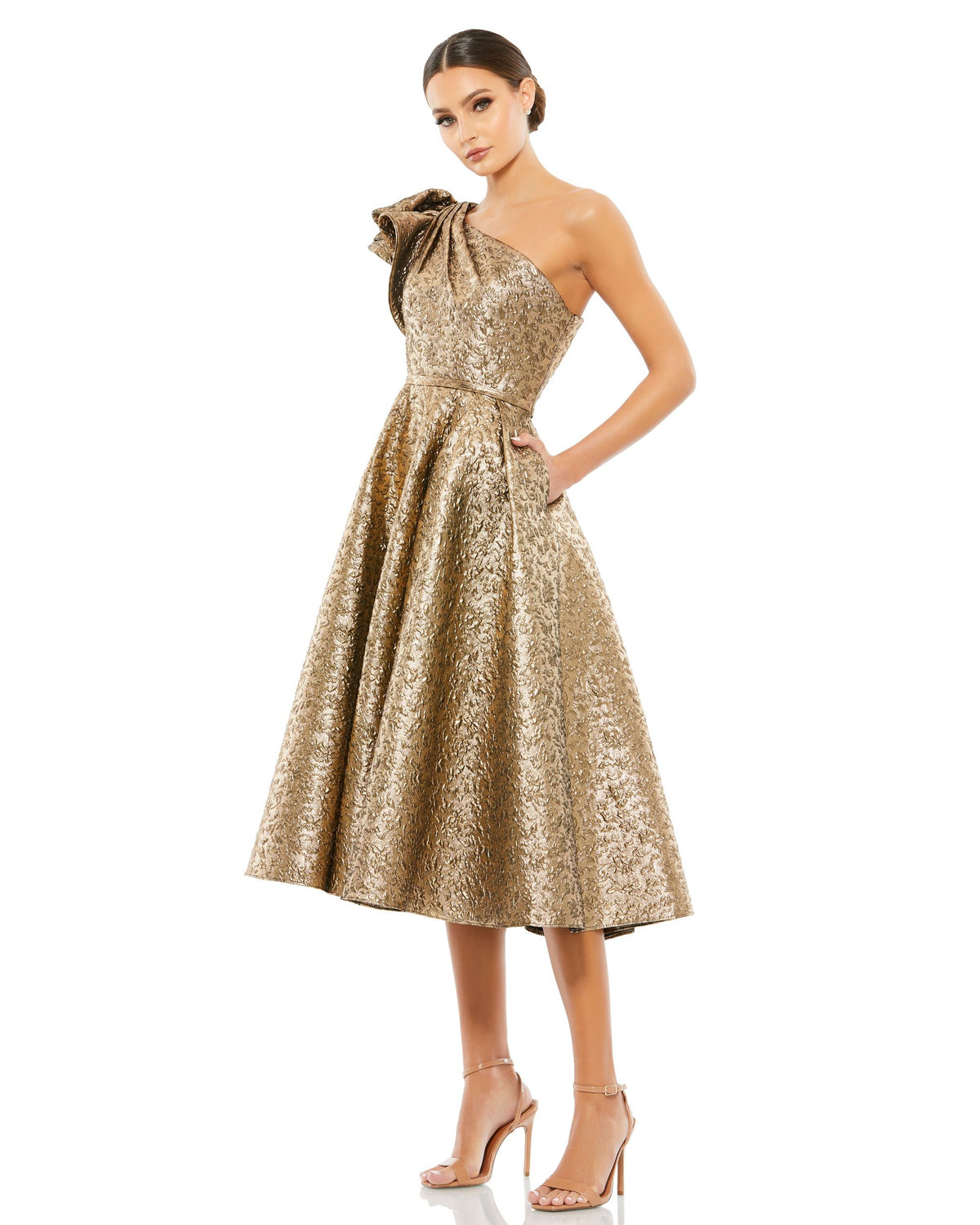 Petite Gold One Shoulder Bow Midi Dress With Pockets - Mac Duggal