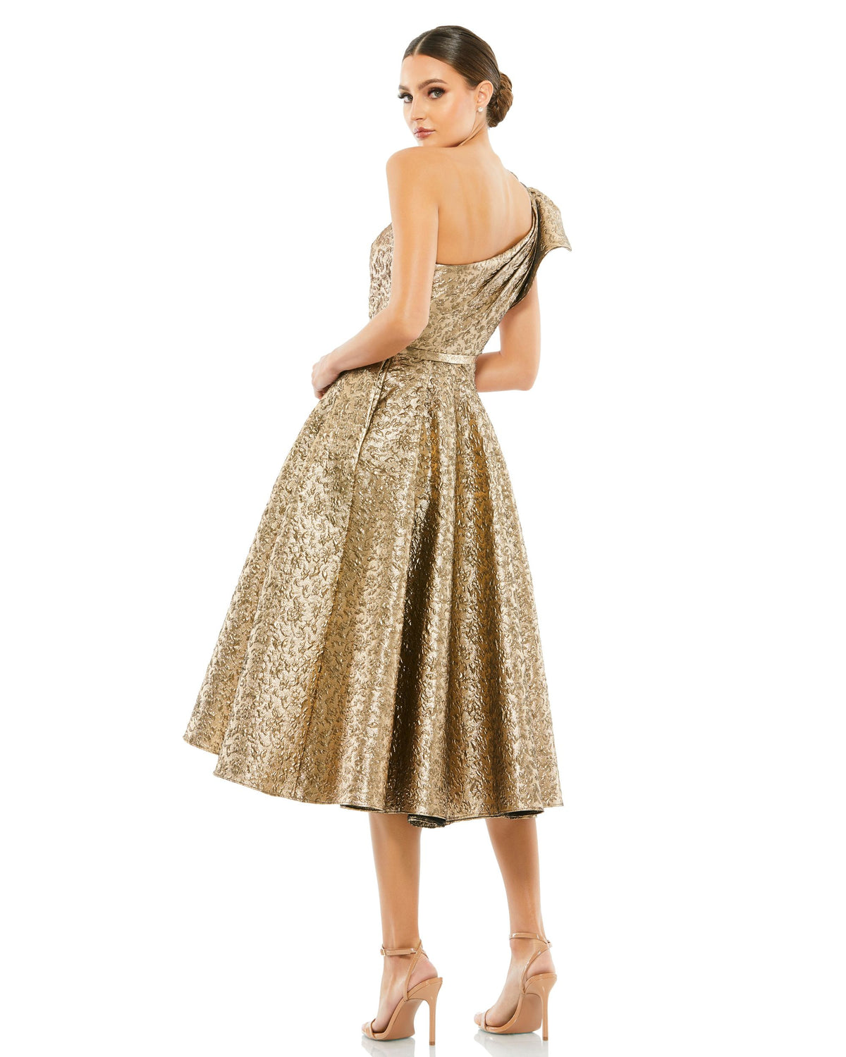 Petite Gold One Shoulder Bow Midi Dress With Pockets - Mac Duggal