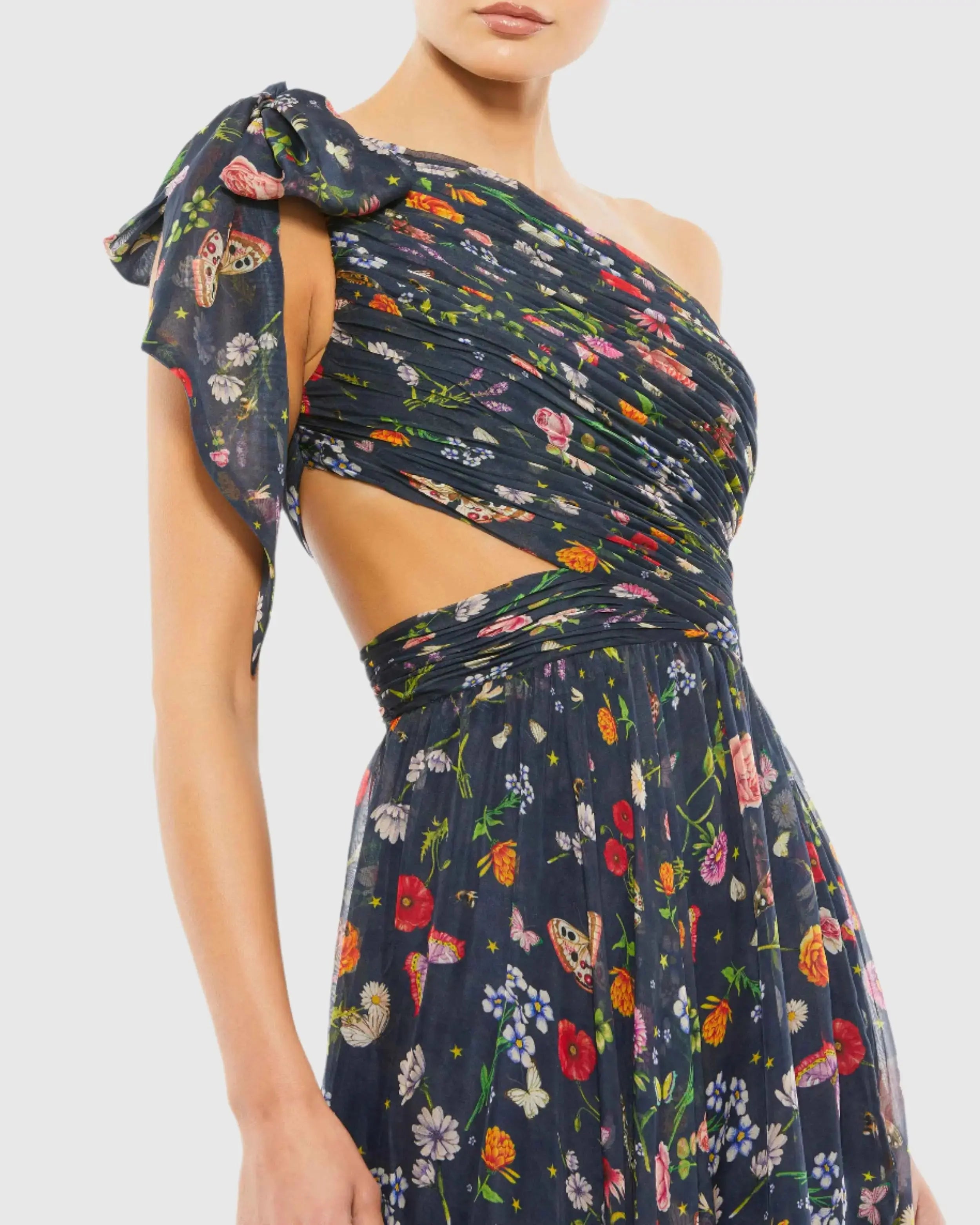 Navy Petite Tied One Shoulder Cut Out Flowy Gown Mac Duggal