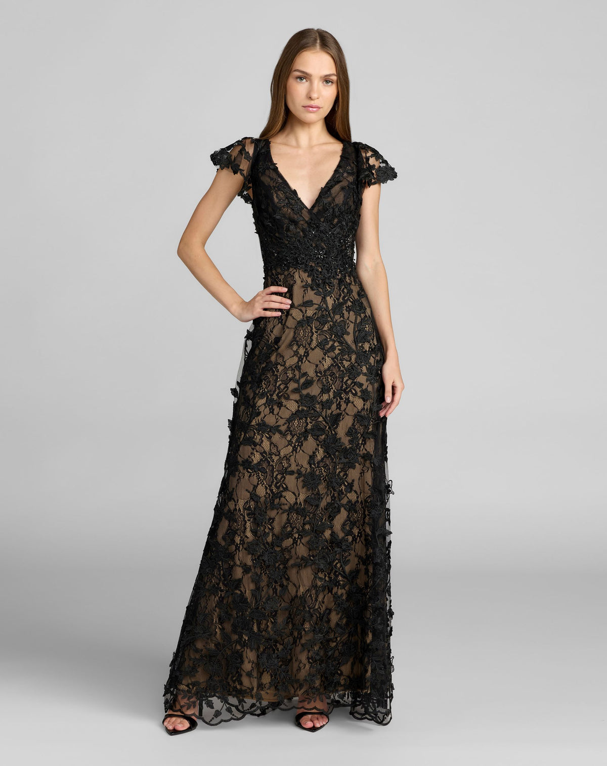 Petite Black Floral Embroidered Lace Flutter Sleeve Gown - Mac Duggal